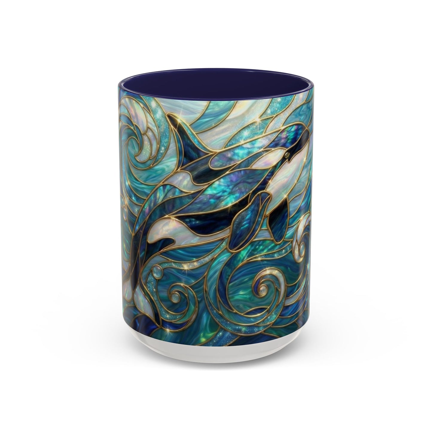 Orca Whale Coffee Mug, Ocean Art Mug, Stained Glass Whale Design, Marine Life Gift, Ceramic Coffee Cup, 11oz 15oz Waves Mug, Coastal Decor