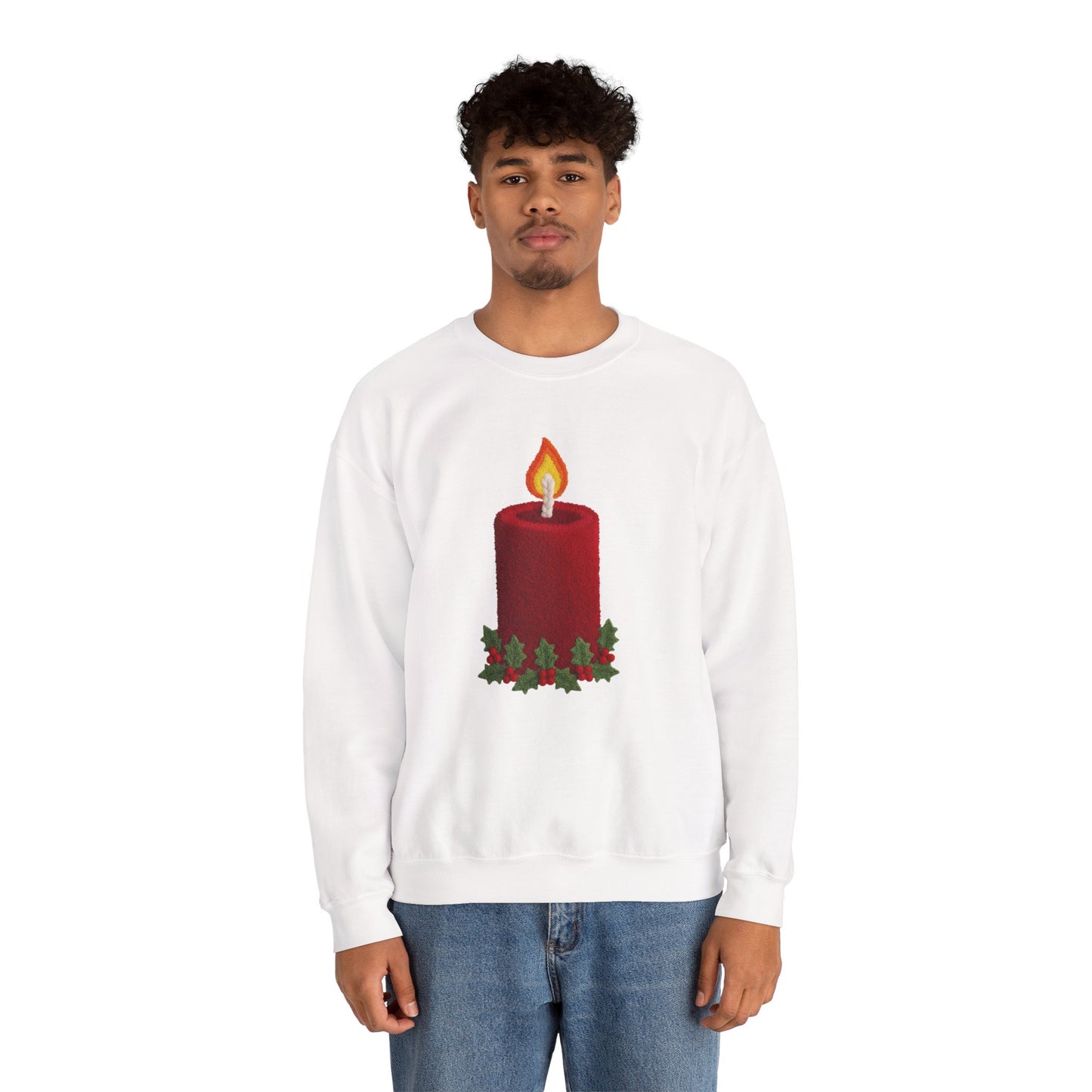 Faux Patchwork Crochet Candle Sweatshirt, Christmas Candle Sweater, Holiday Cozy Winter Crewneck, Cute Xmas Candle Sweatshirt, Unisex Holiday Top