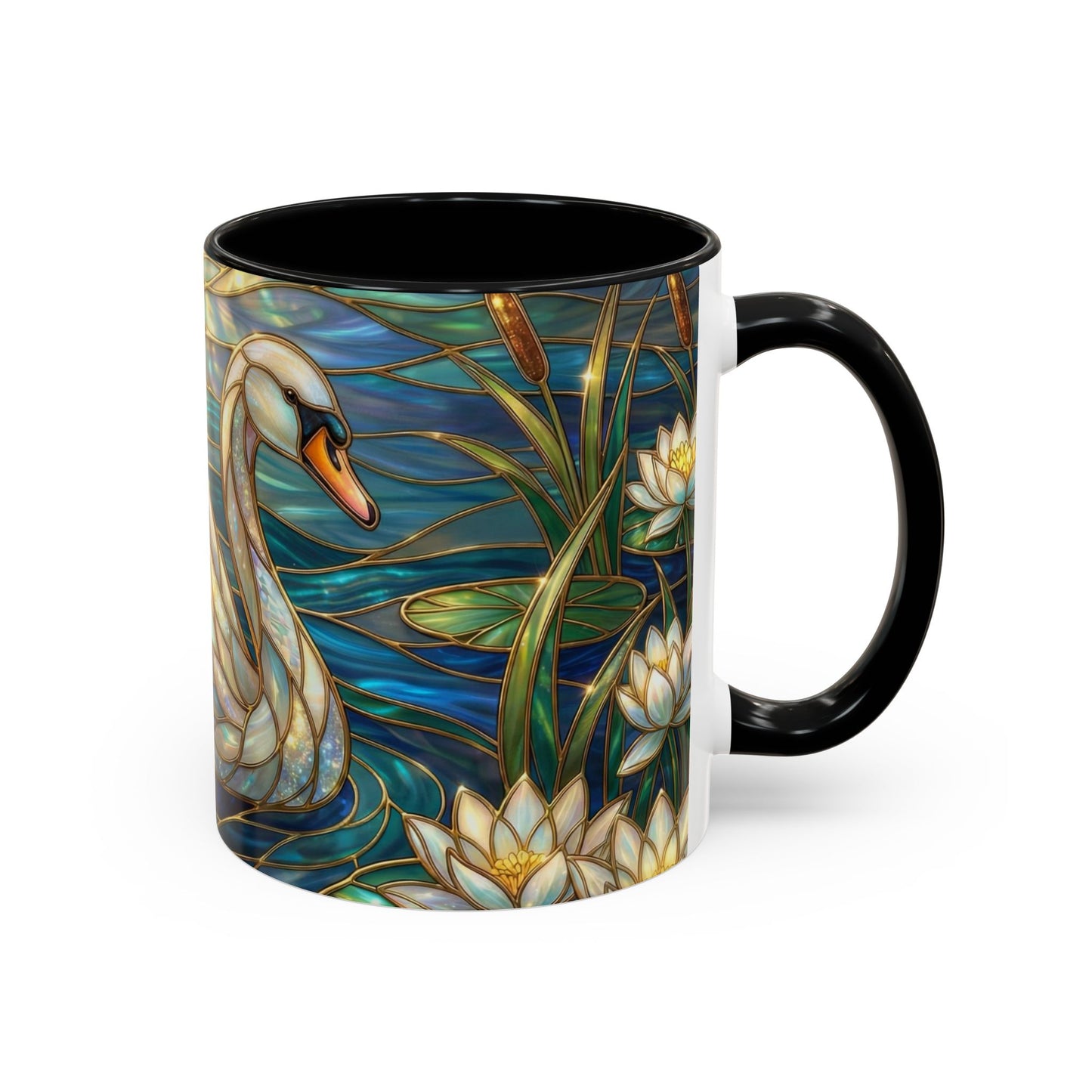 Stained Glass Swan Mug, Swan Coffee Cup, Elegant Swan Art Mug, Nature Decor Gift, Lake Swan Mug, Serene Animal Coffee Cup