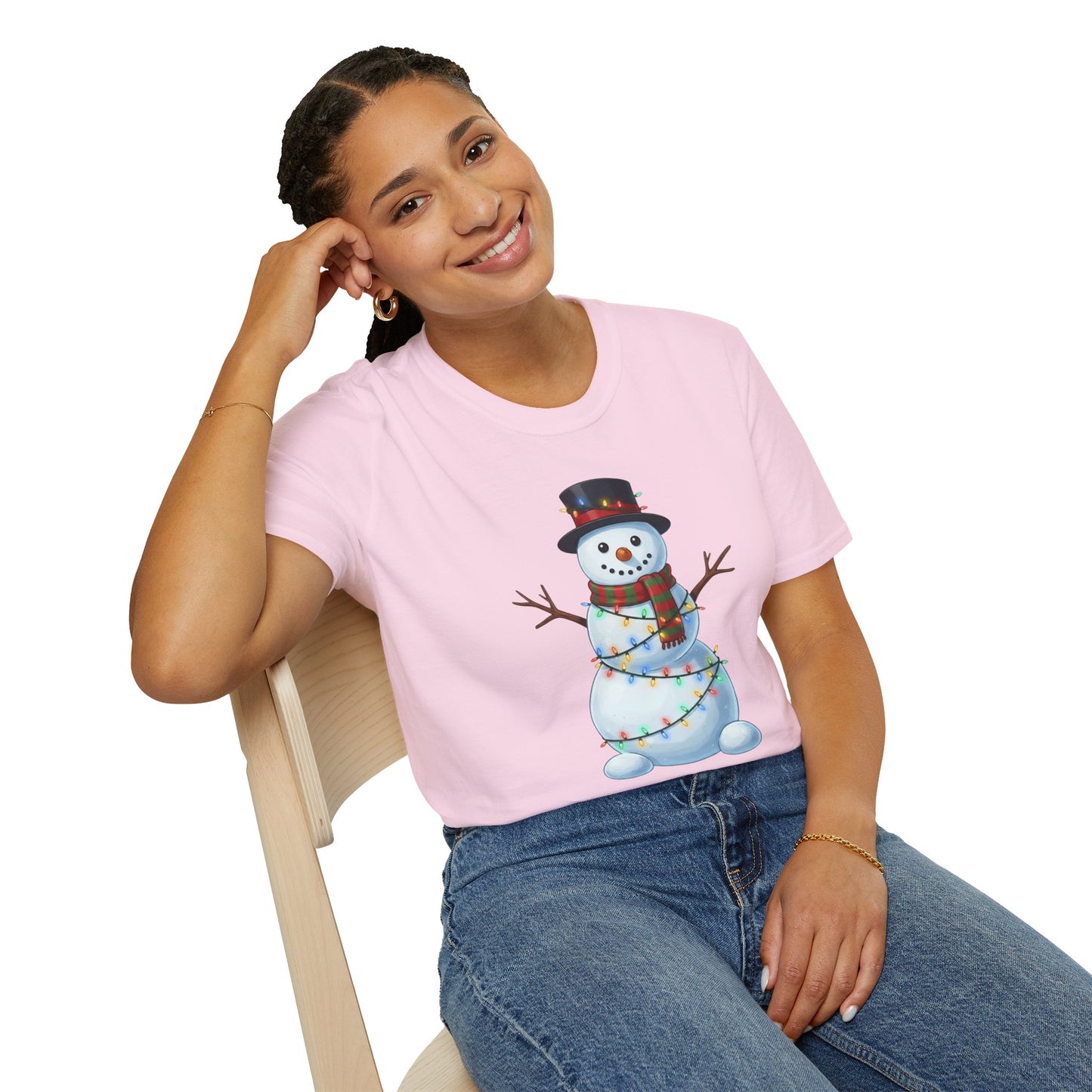 Cute Snowman Christmas Shirt, Snowman Wrapped in Christmas Lights Tee, Holiday Winter Snowman Top Hat Shirt, Funny Cozy Christmas T Shirt