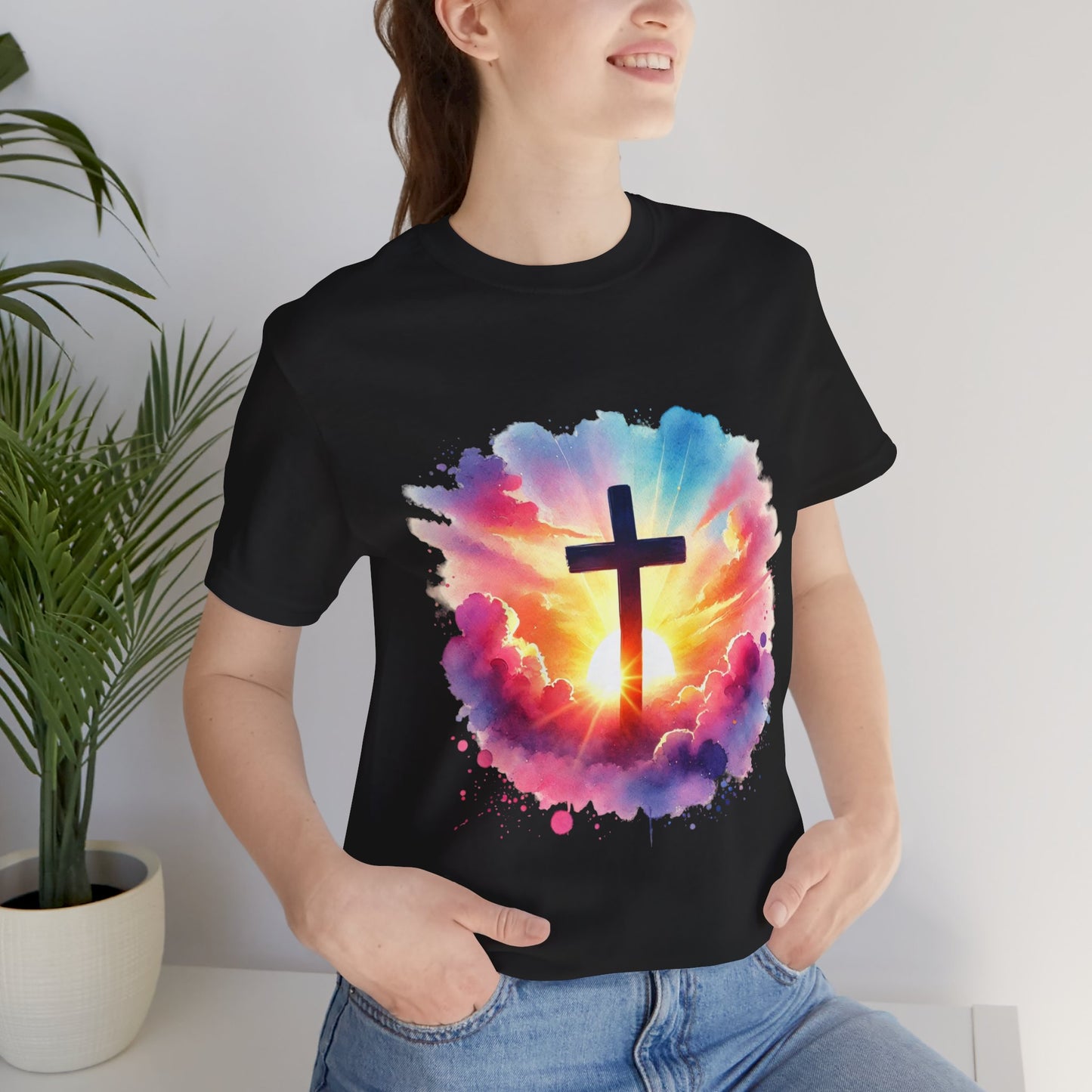 Faith Cross Sunburst Christian Tee | Inspirational Christian T-Shirt | Colorful Sunrise Cross Shirt | Faith Gifts for Women Men