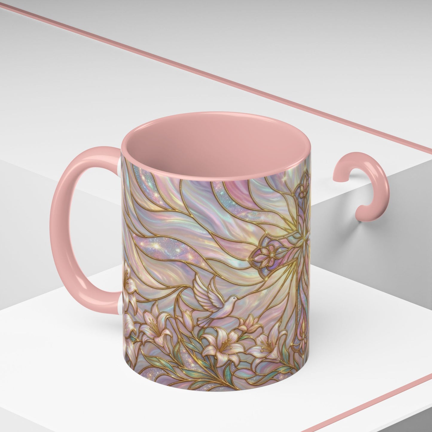 Stained Glass Cross Mug, Easter Lily Coffee Cup, Christian Gift for Women, Pastel Religious Drinkware, Dove and Faith Cup, Spiritual