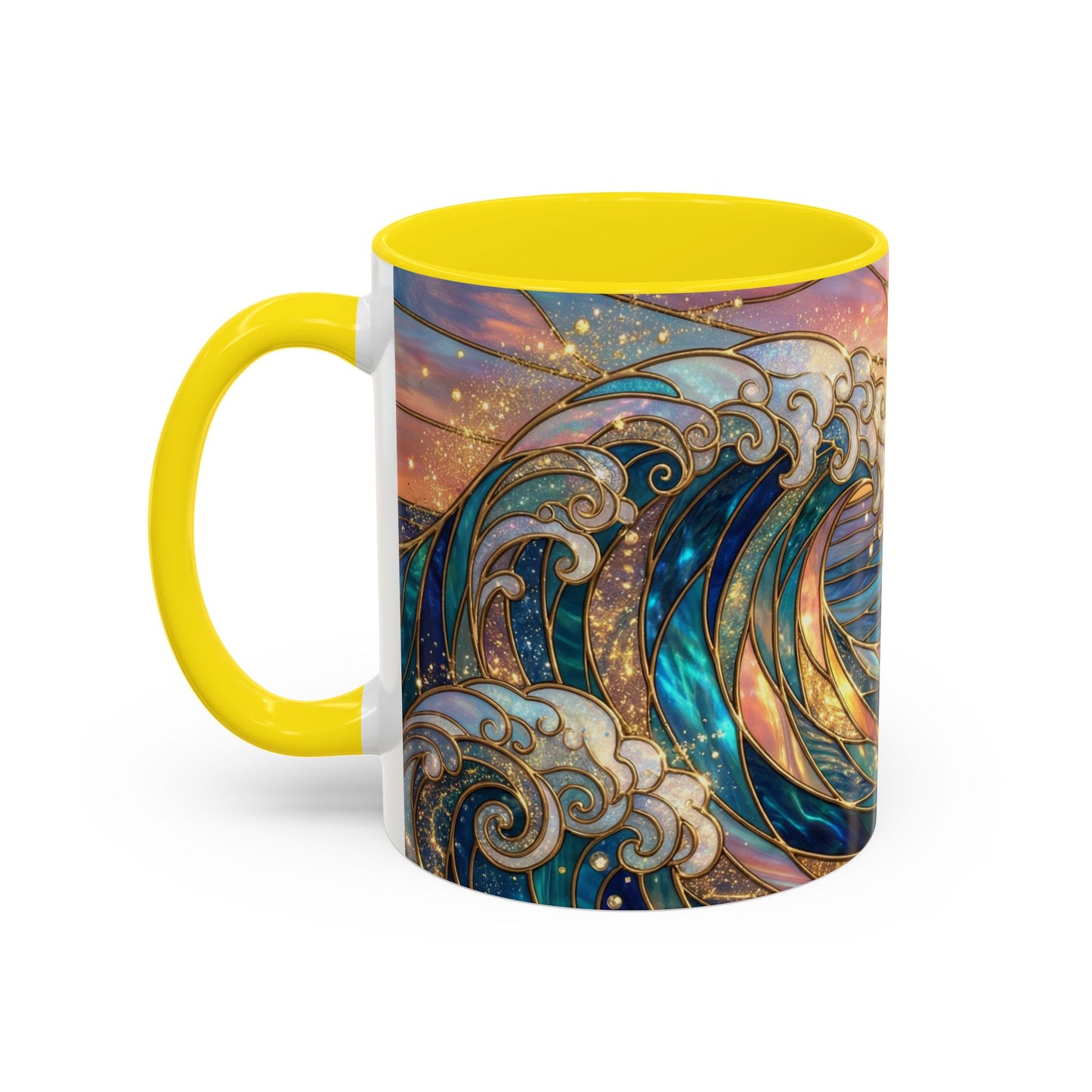 Stained Glass Ocean Wave Mug, Sunrise Beach Coffee Cup, Japanese Art Gift, Coastal Decor Kitchen, Mosaic Sea Tea Cup, Blue Gold Nature Lover