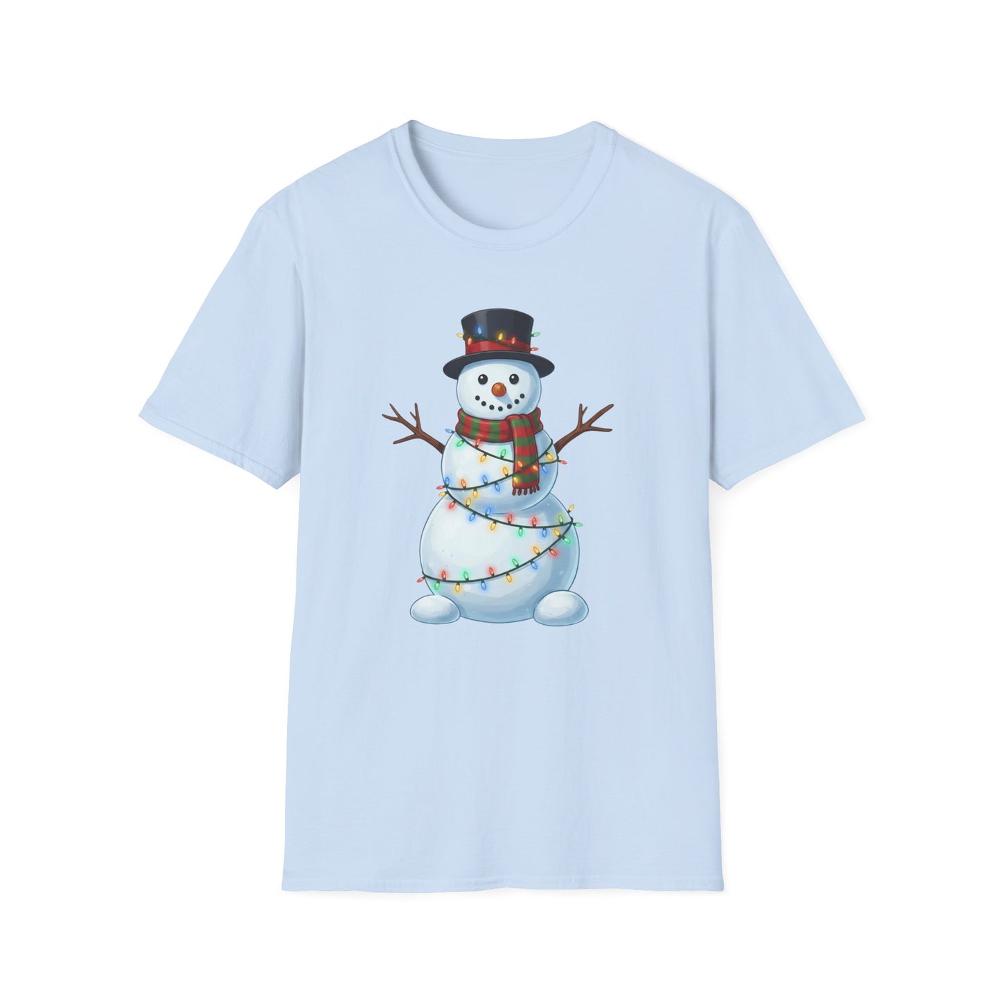Cute Snowman Christmas Shirt, Snowman Wrapped in Christmas Lights Tee, Holiday Winter Snowman Top Hat Shirt, Funny Cozy Christmas T Shirt