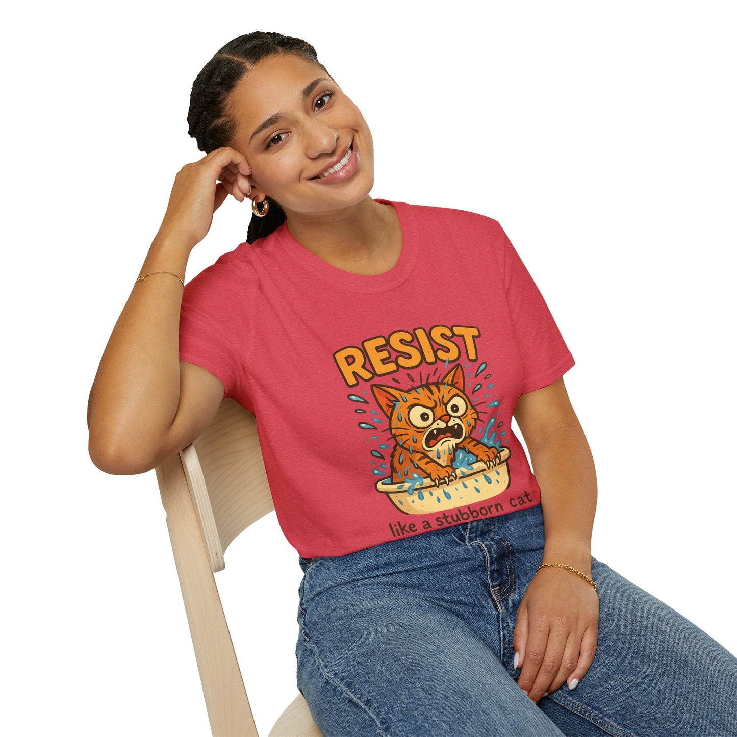 Resist Like A Stubborn Cat At Bathtime Funny Cat Lover Graphic Tee - Quirky Self Care Shirt - Gift For Pet Moms, Dads and Humor Fans