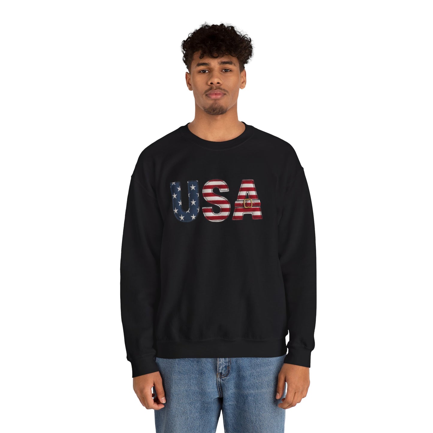 Faux Patchwork USA Sweatshirt, Patriotic Quilt Style Top, Rustic Americana Crewneck, 4th of July Shirt, Country USA Sweater, Vintage Flag Top