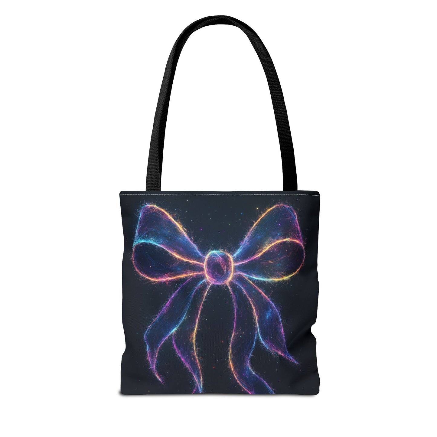 Galaxy Glow Bow Tote Bag, Cosmic Neon Ribbon Design, Black Space Art Bag, Celestial Gift For Her, Stylish Reusable Everyday Tote