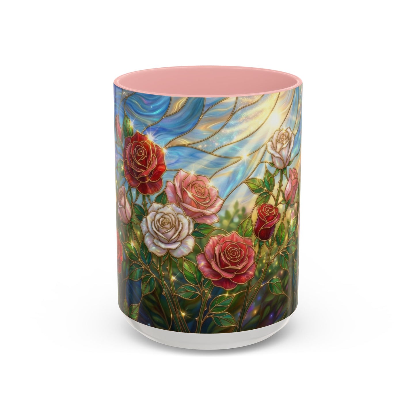 Stained Glass Rose Garden Mug, Floral Rose Coffee Cup, Elegant Flower Mug, Blue Green Gold Glass Style Design, Romantic Gift For Her