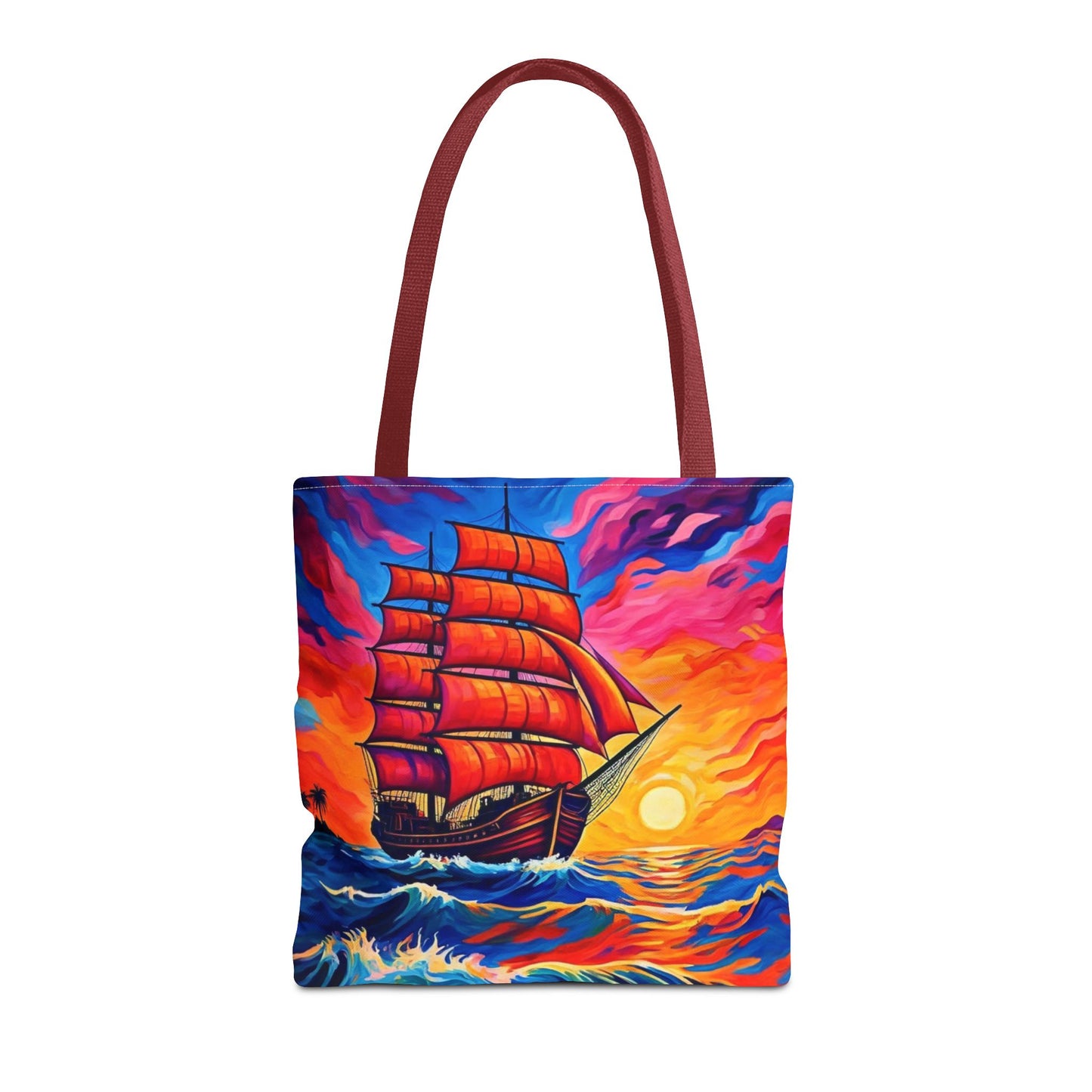 Crimson Voyage Tote Bag, Red Sailboat At Sunset Artistic Ocean Design, Nautical Reusable Tote For Beach, Travel, And Everyday Use