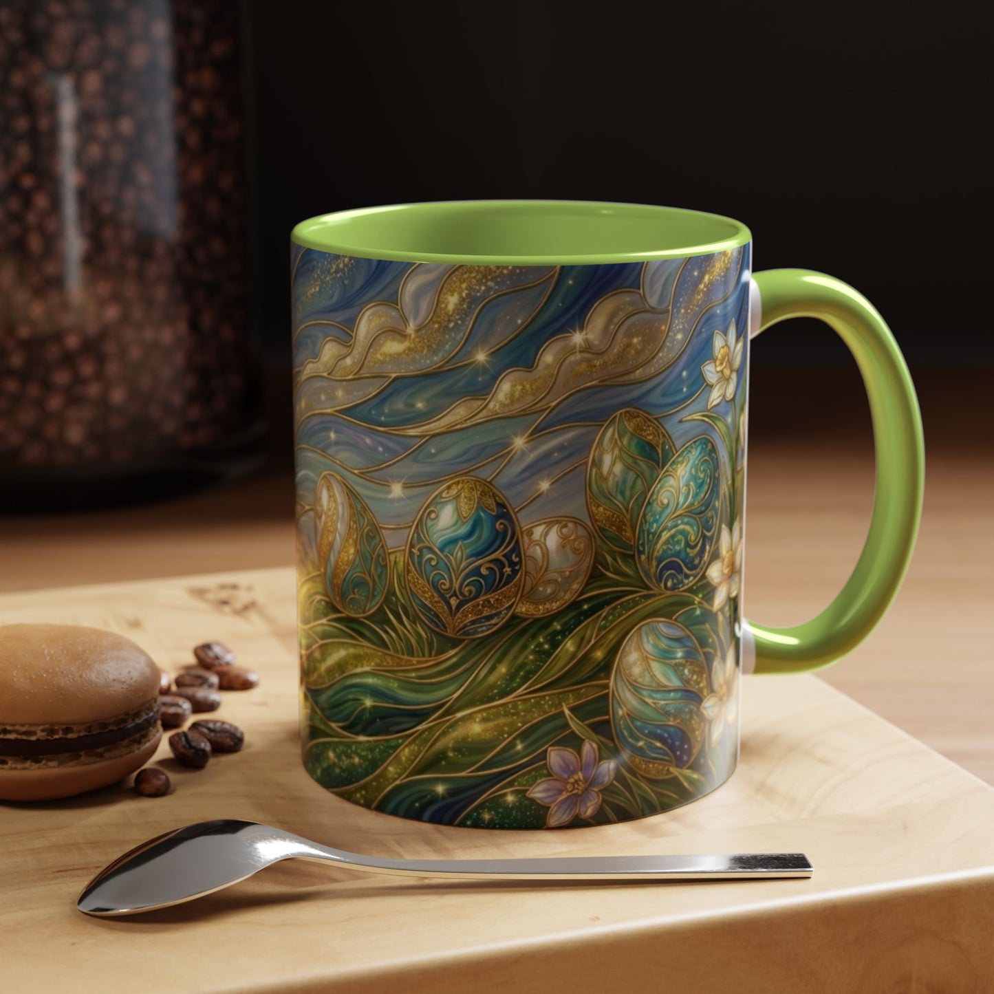 Stained Glass Easter Egg Mug, Magical Spring Floral Coffee Cup, Art Nouveau Fantasy Teacup, Elegant Celestial Starry Sky Mug Gift Idea
