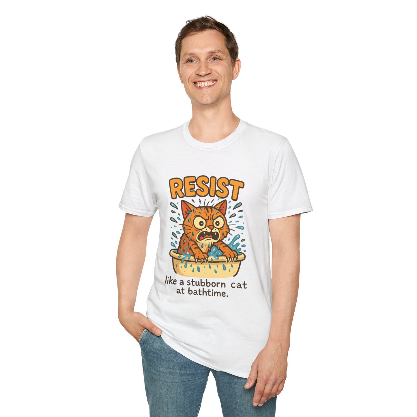 Resist Like A Stubborn Cat At Bathtime Funny Cat Lover Graphic Tee - Quirky Self Care Shirt - Gift For Pet Moms, Dads and Humor Fans