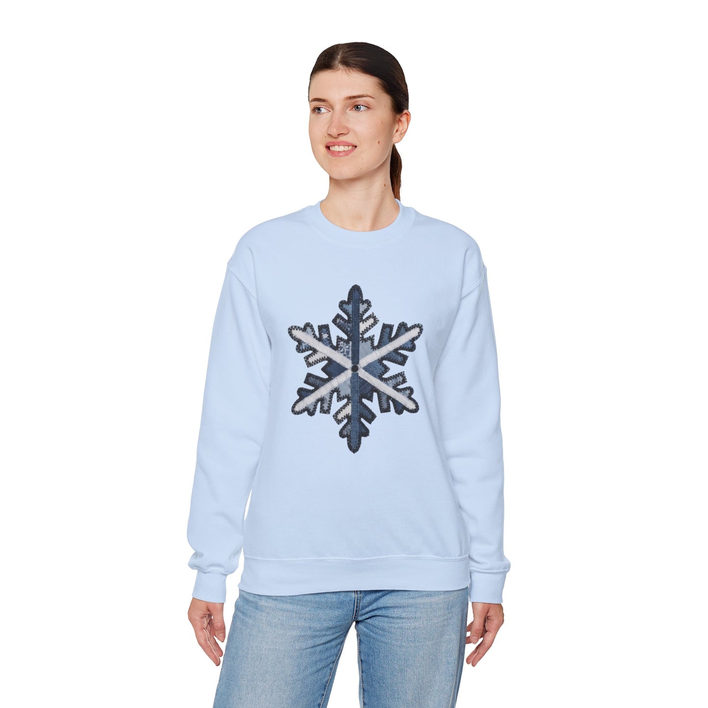 Faux Patchwork Snowflake Sweatshirt, Winter Snowflake Crewneck, Cozy Christmas Sweatshirt, Holiday Patchwork Sweater, Winter Gift