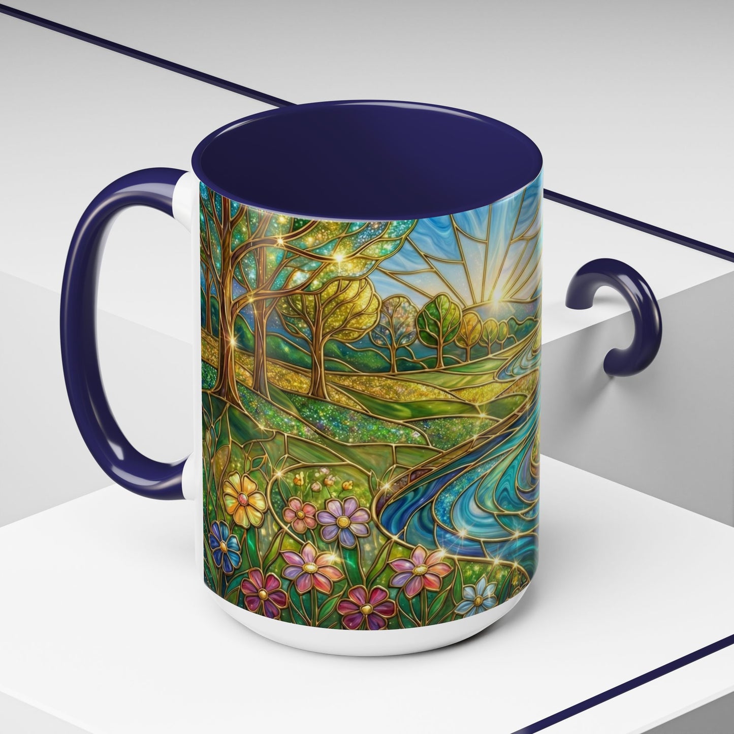 Stained Glass Mug, River Landscape Coffee Cup, Nature Lover Gift, Floral Tea Mug, Gardener Present, Art Teacher Gift, Colorful Scenery Cup