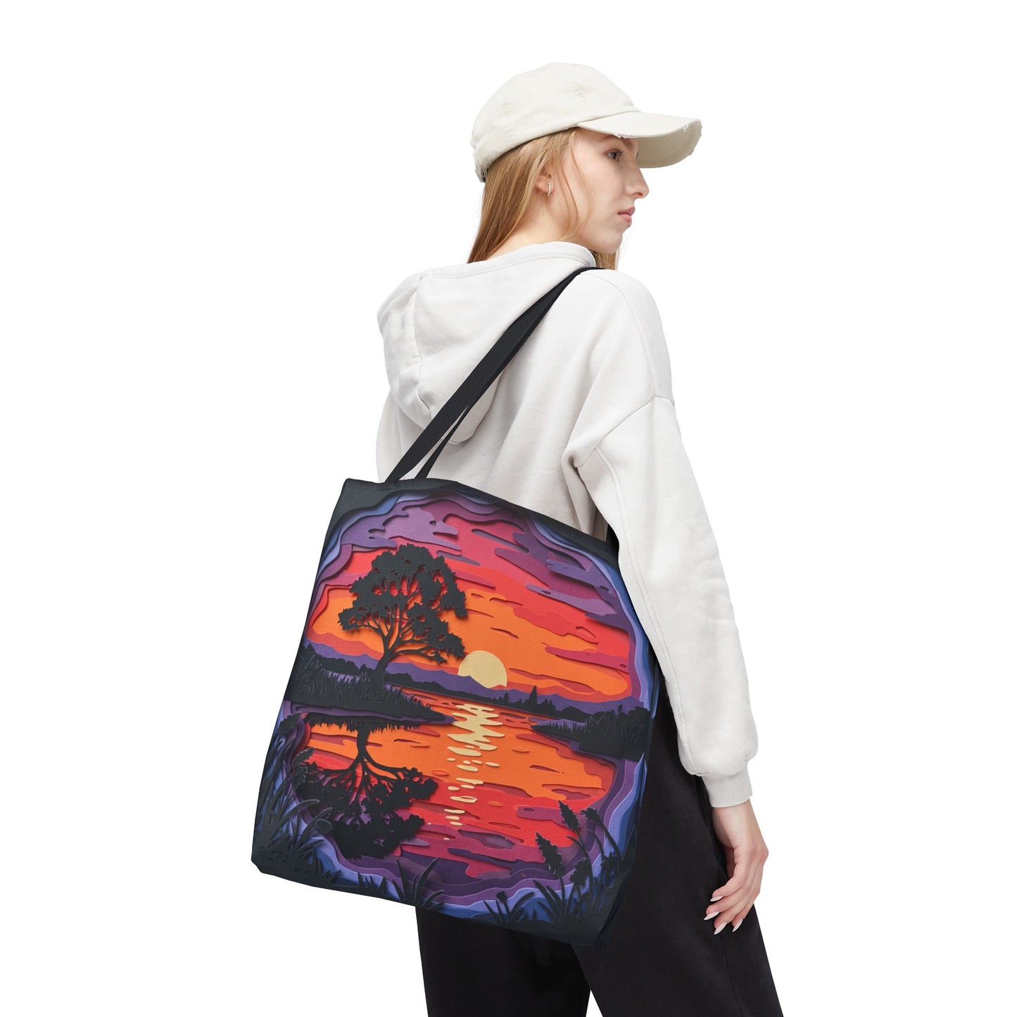 Sunset Landscape Canvas Tote Bag – Paper‑Art Inspired Nature Scene Tote – Colorful Sunset Market Tote, Eco Reusable Beach Bag, Vibrant Gift for Her