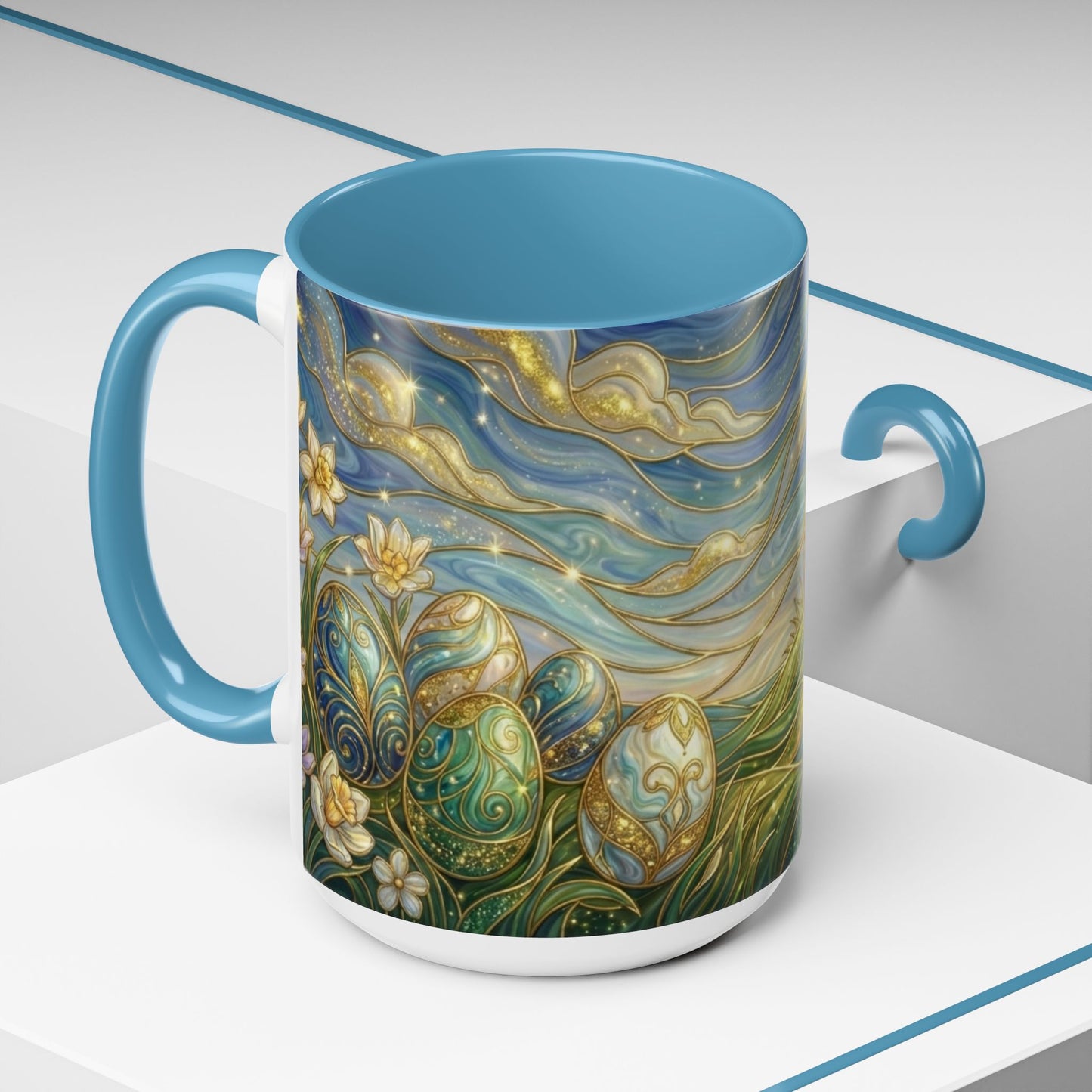 Stained Glass Easter Egg Mug, Magical Spring Floral Coffee Cup, Art Nouveau Fantasy Teacup, Elegant Celestial Starry Sky Mug Gift Idea