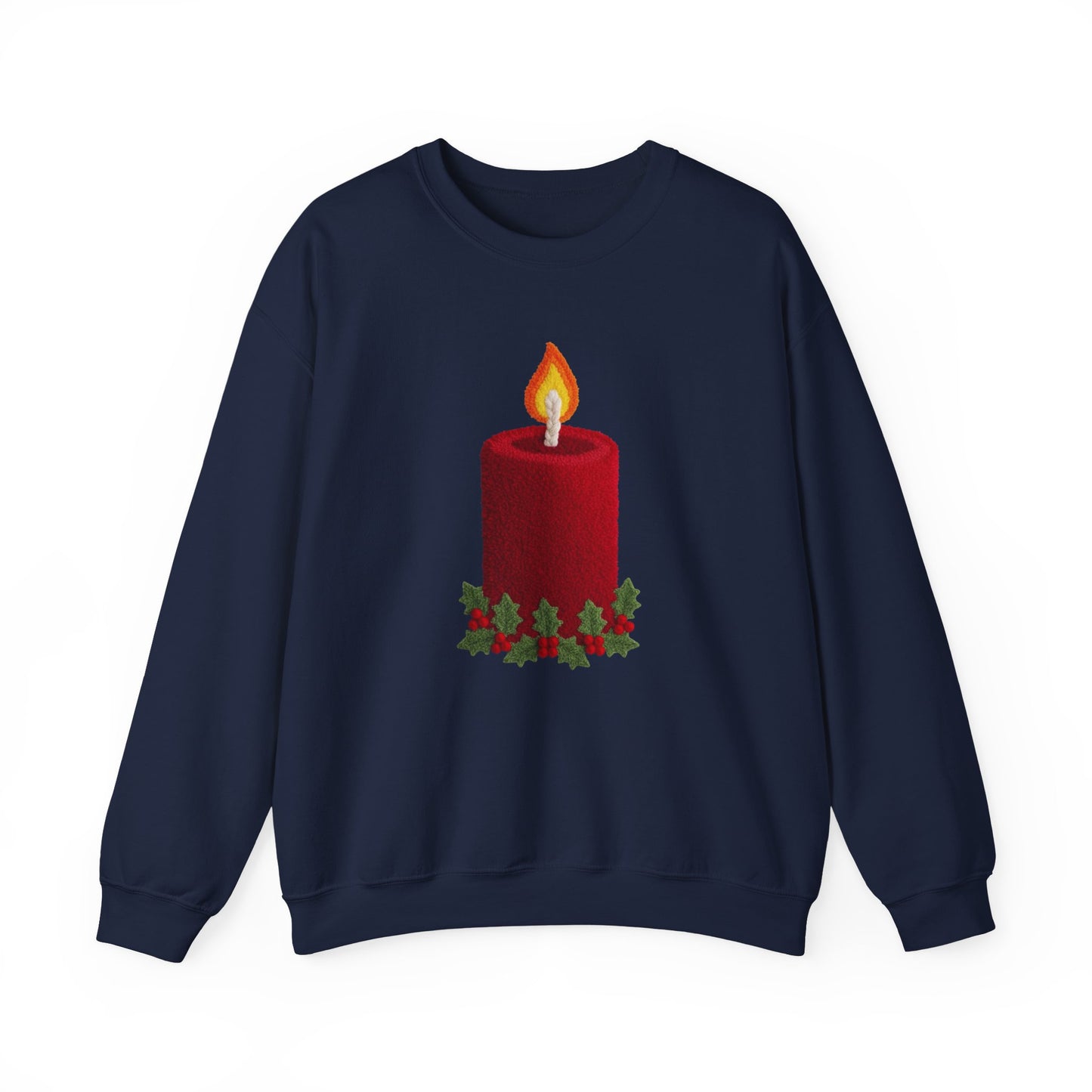 Faux Patchwork Crochet Candle Sweatshirt, Christmas Candle Sweater, Holiday Cozy Winter Crewneck, Cute Xmas Candle Sweatshirt, Unisex Holiday Top