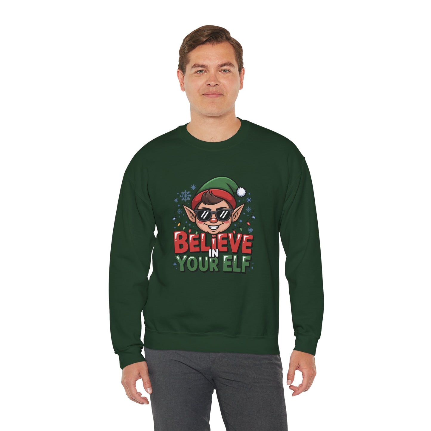 Believe In Your Elf Christmas Sweatshirt, Funny Elf Holiday Sweater, Unisex Christmas Crewneck, Festive Gift For Friends And Family
