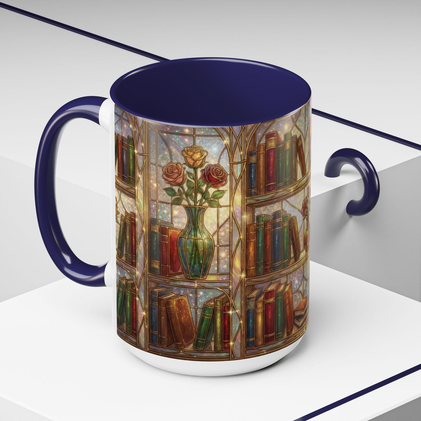 Stained Glass Books Mug, Book Lover Coffee Mug, Cozy Library Mug, Bookish Gift For Readers, Dark Academia Mug, Floral Bookshelf Cup