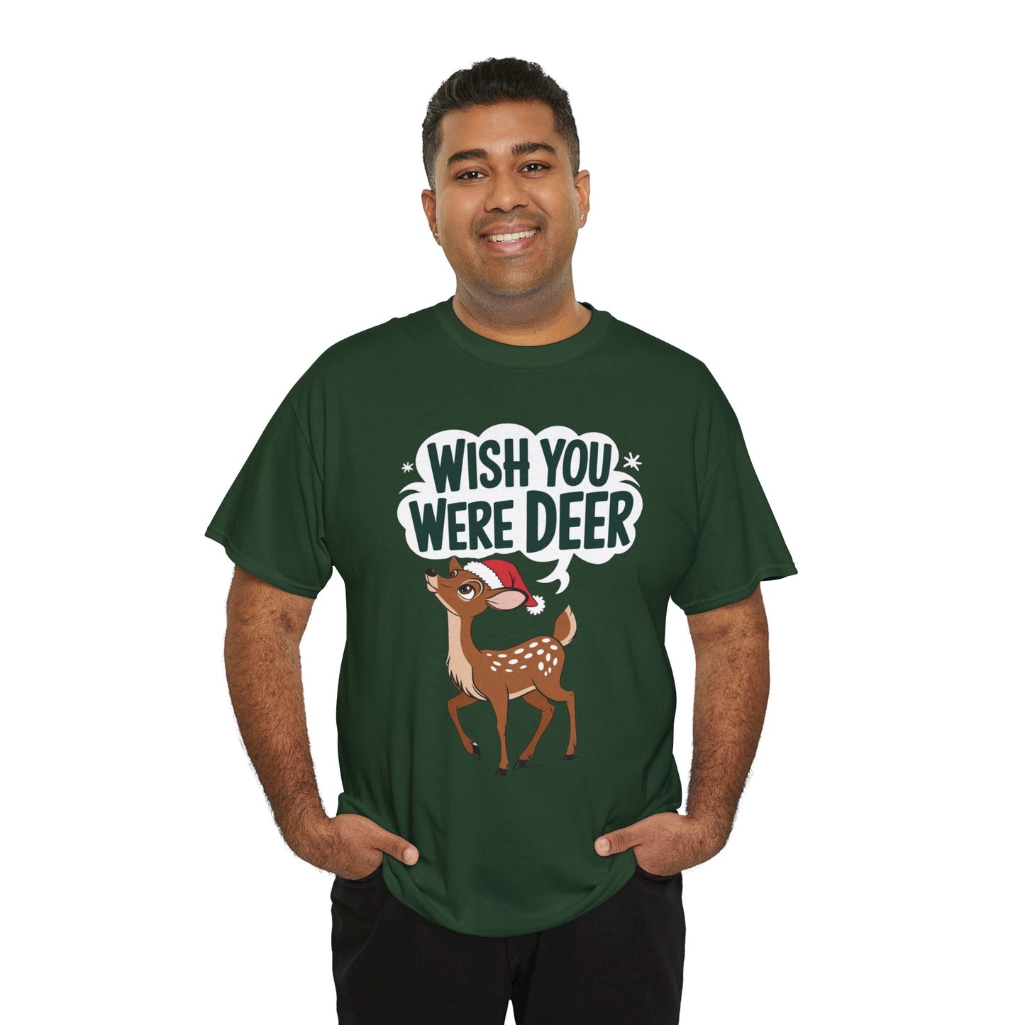 Wish You Were Deer Funny Christmas T-Shirt, Cute Reindeer Holiday Tee, Pun Christmas Shirt, Festive Santa Hat Deer Graphic Tee Gift