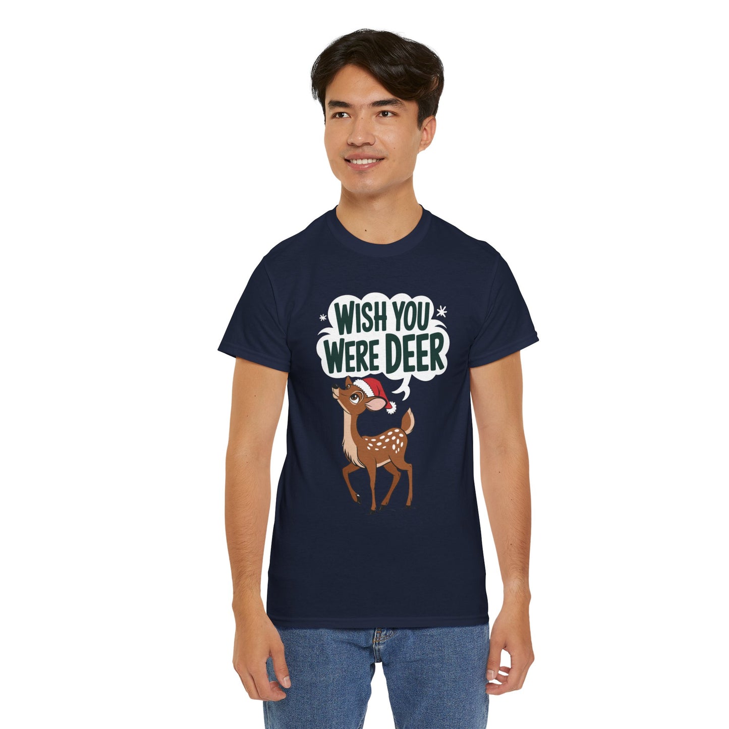 Wish You Were Deer Funny Christmas T-Shirt, Cute Reindeer Holiday Tee, Pun Christmas Shirt, Festive Santa Hat Deer Graphic Tee Gift