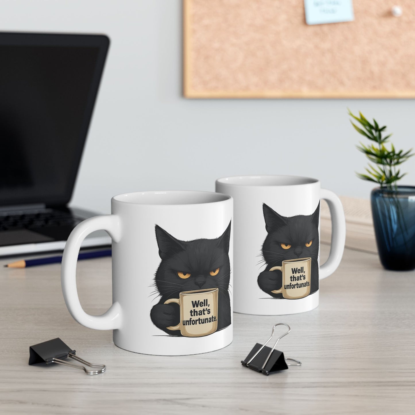 Sarcastic Black Cat Coffee Mug 11 oz or 15oz - “Well, thats unfortunate.” Funny Grumpy Cat Meme Gift, Office Humor, Tea Cup, Sarcasm Lover