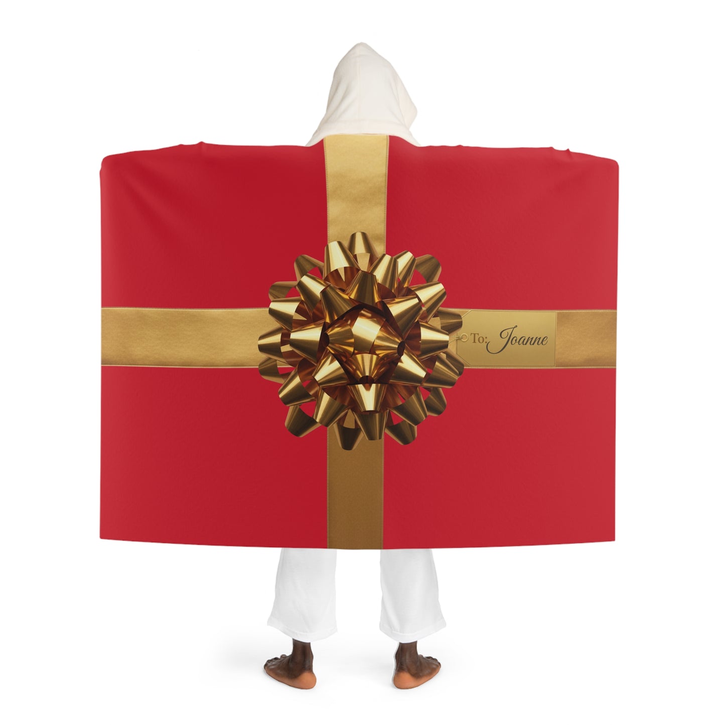 Personalized Red Hooded Sherpa Blanket with Gold Gift Bow - Custom Name Christmas Wrap Blanket, Cozy Holiday Gift for Her, Him, Kids