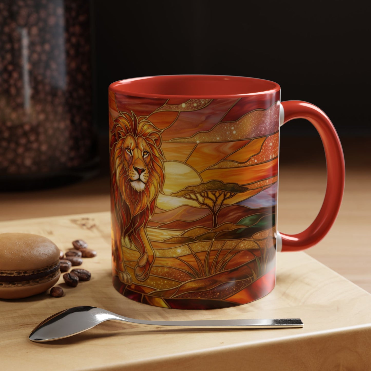 Stained Glass Lion Mug, Majestic Lion Coffee Cup, African Sunset Art Mug, Safari Wildlife Gift, Colorful Lion Lover Ceramic Mug