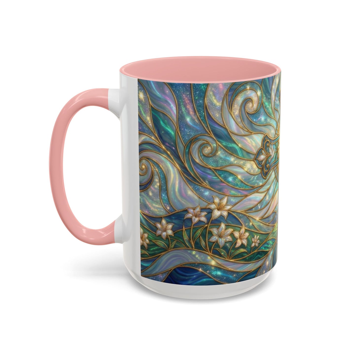 Stained Glass Cross Mug, Christian Coffee Cup, Religious Easter Gift, Celestial Faith Mug, Spiritual Sunrise Cup, Dove Lily Print Mug
