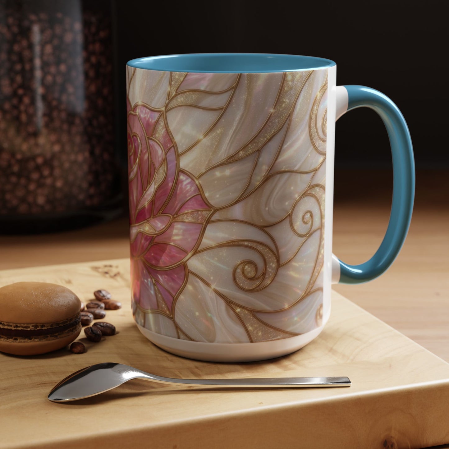 Pink Rose Stained Glass Mug, Gold Floral Coffee Cup, Romantic Flower Tea Cup, Gardener Gift For Mom, Botanical Art, Wife Birthday Gift