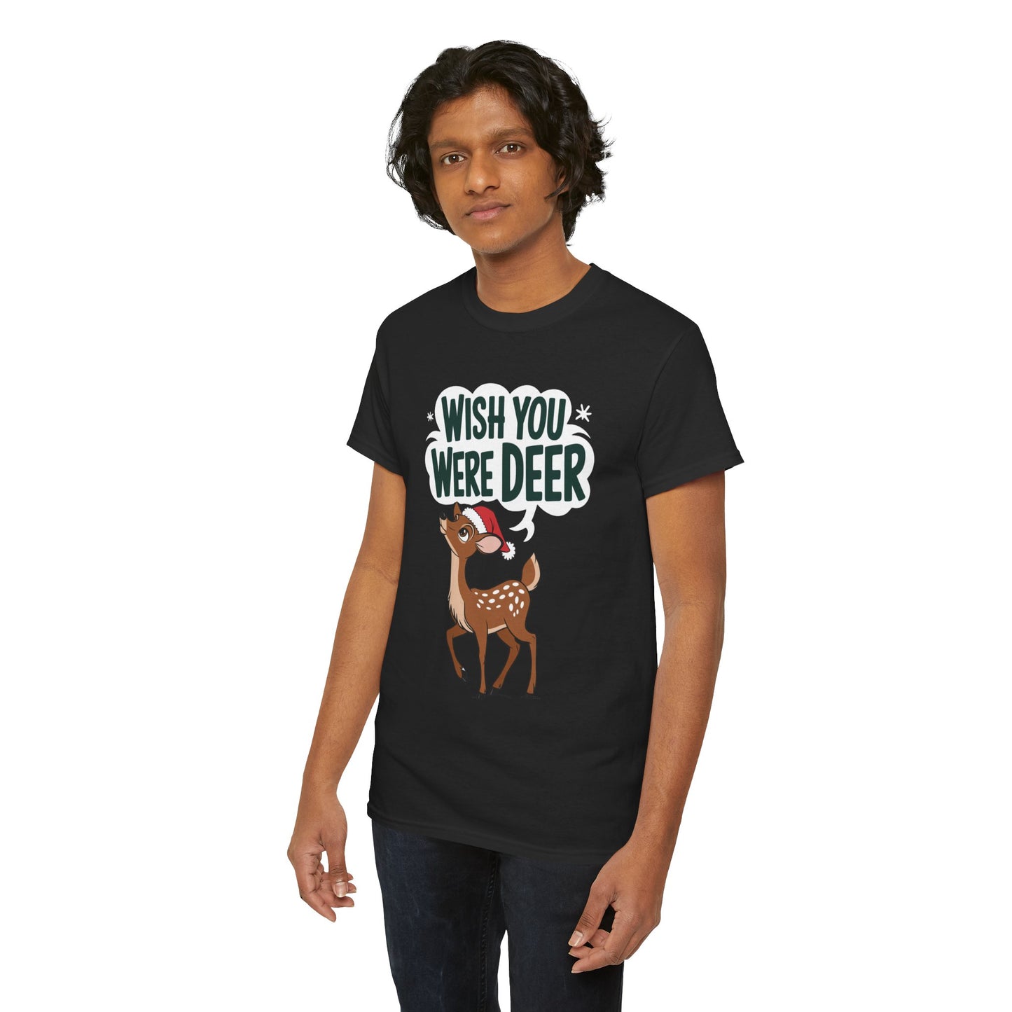 Wish You Were Deer Funny Christmas T-Shirt, Cute Reindeer Holiday Tee, Pun Christmas Shirt, Festive Santa Hat Deer Graphic Tee Gift