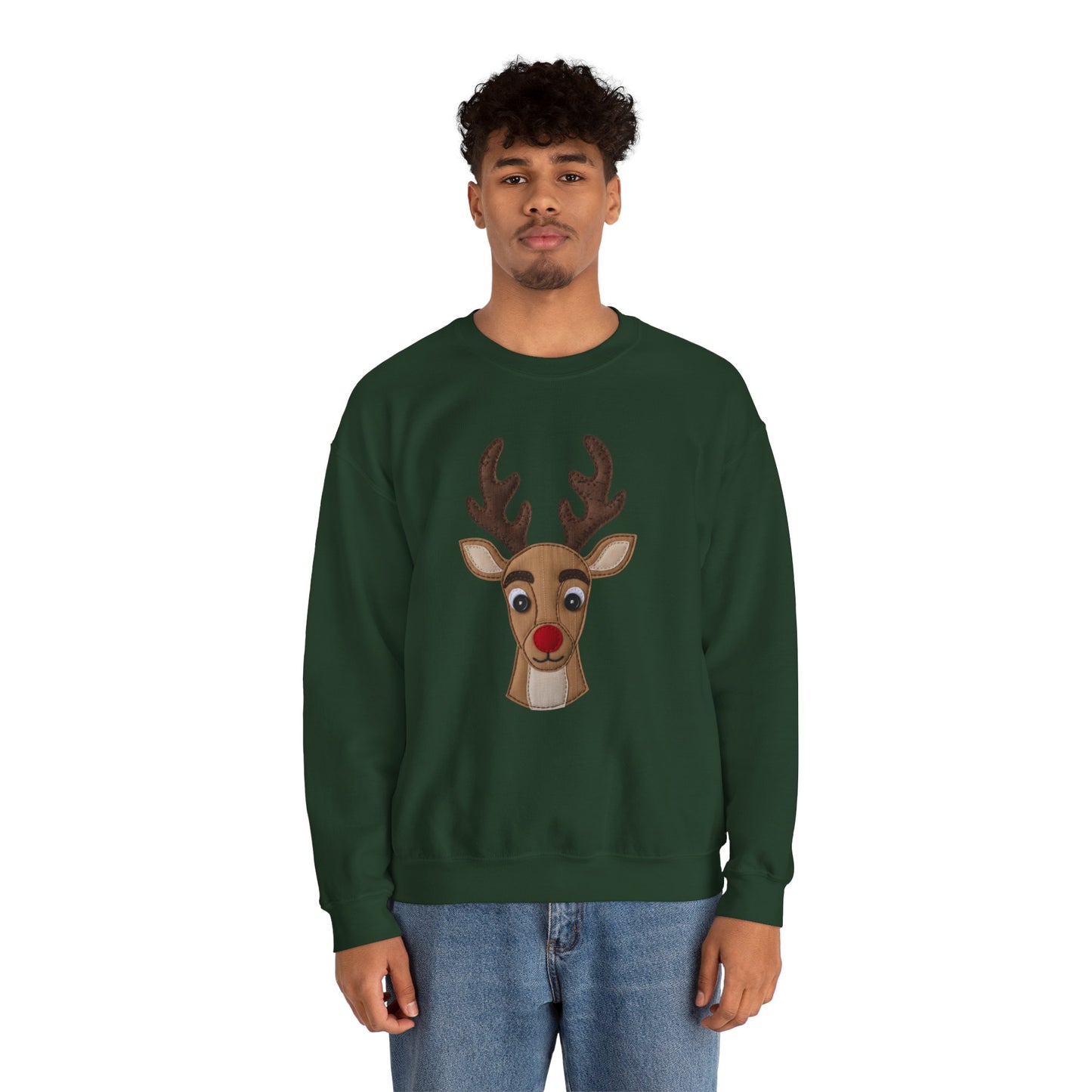Faux Patchwork Rudolph Sweatshirt, Cute Reindeer Christmas Crewneck, Cozy Holiday Pullover, Winter Reindeer Sweater, Xmas Gift for Women