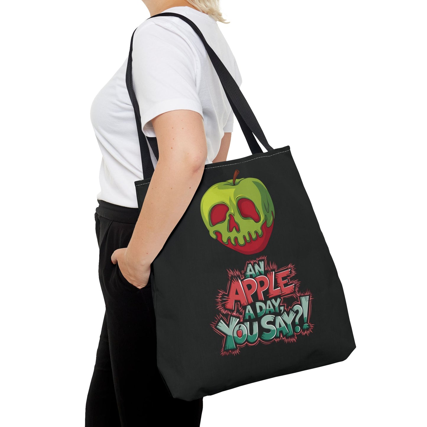 Spooky Halloween Tote Bag – Poison Apple Design – Funny Gothic Tote – Trick or Treat Bag – Creepy Apple Pun Gift – Black Tote Bag