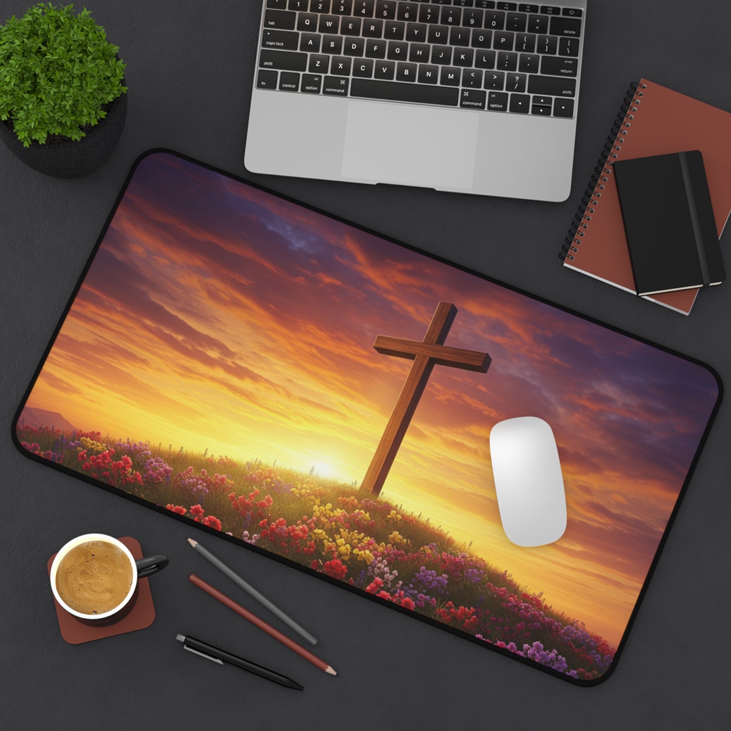 Desk Mat - Cross on a Hill DaVinci Style Christian Mouse Pad Religious Decor Spiritual Desk Mat Gift for Believers