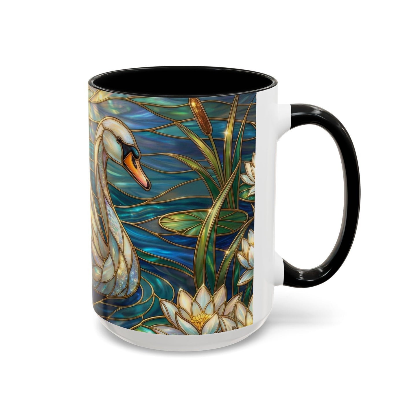 Stained Glass Swan Mug, Swan Coffee Cup, Elegant Swan Art Mug, Nature Decor Gift, Lake Swan Mug, Serene Animal Coffee Cup