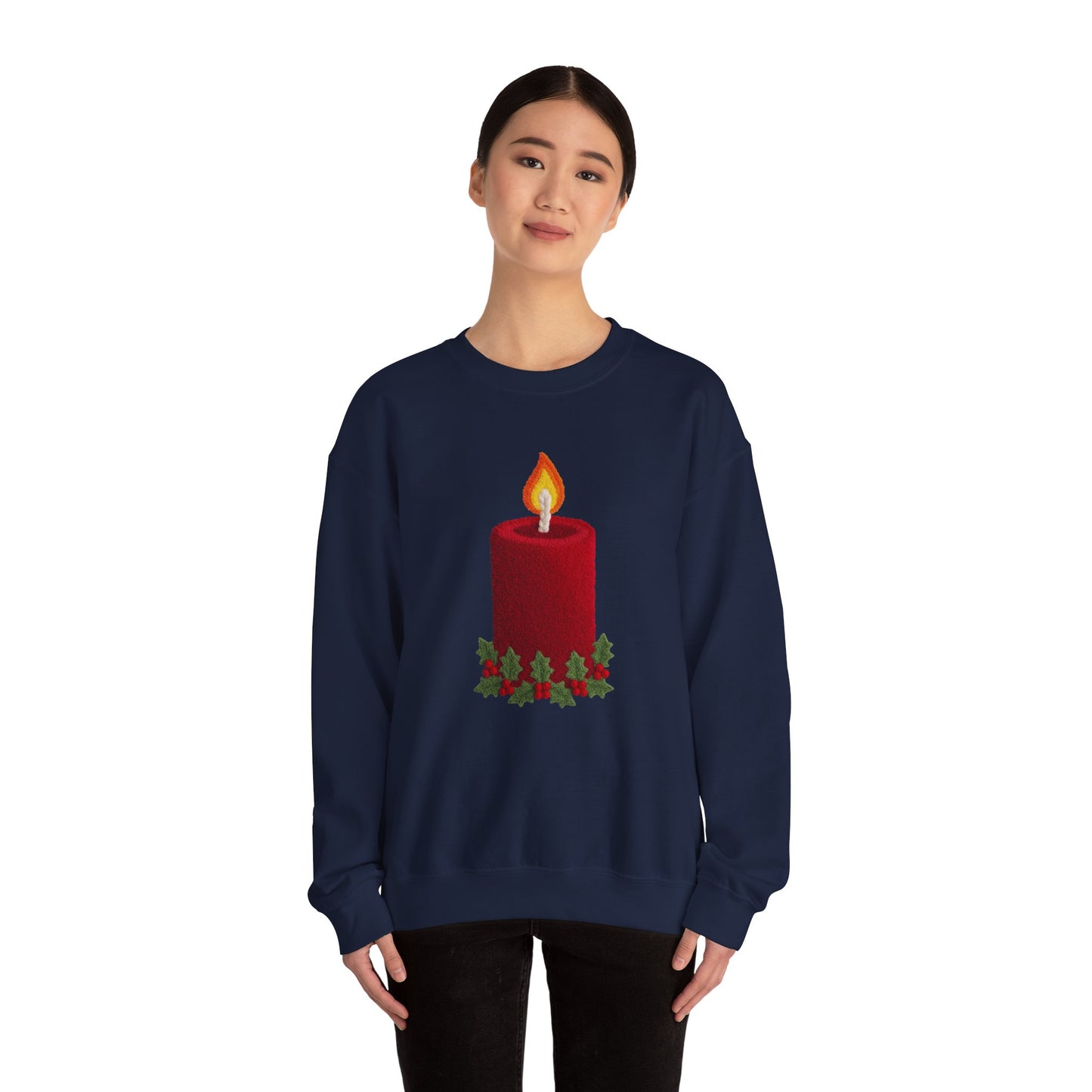 Faux Patchwork Crochet Candle Sweatshirt, Christmas Candle Sweater, Holiday Cozy Winter Crewneck, Cute Xmas Candle Sweatshirt, Unisex Holiday Top