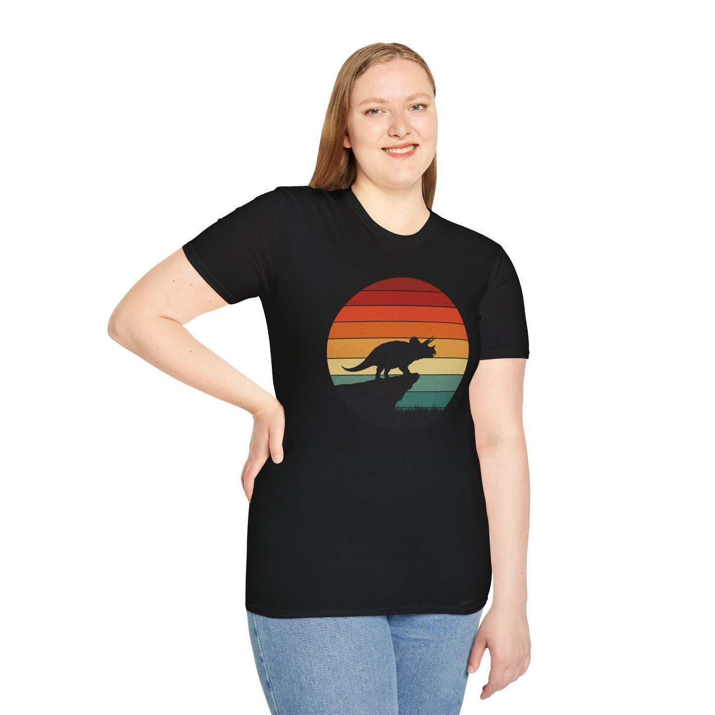 Retro Triceratops Sunset T-Shirt - Vintage Dino Graphic Tee - Unisex Softstyle Dinosaur Shirt - Nature and Prehistoric Lover Gift