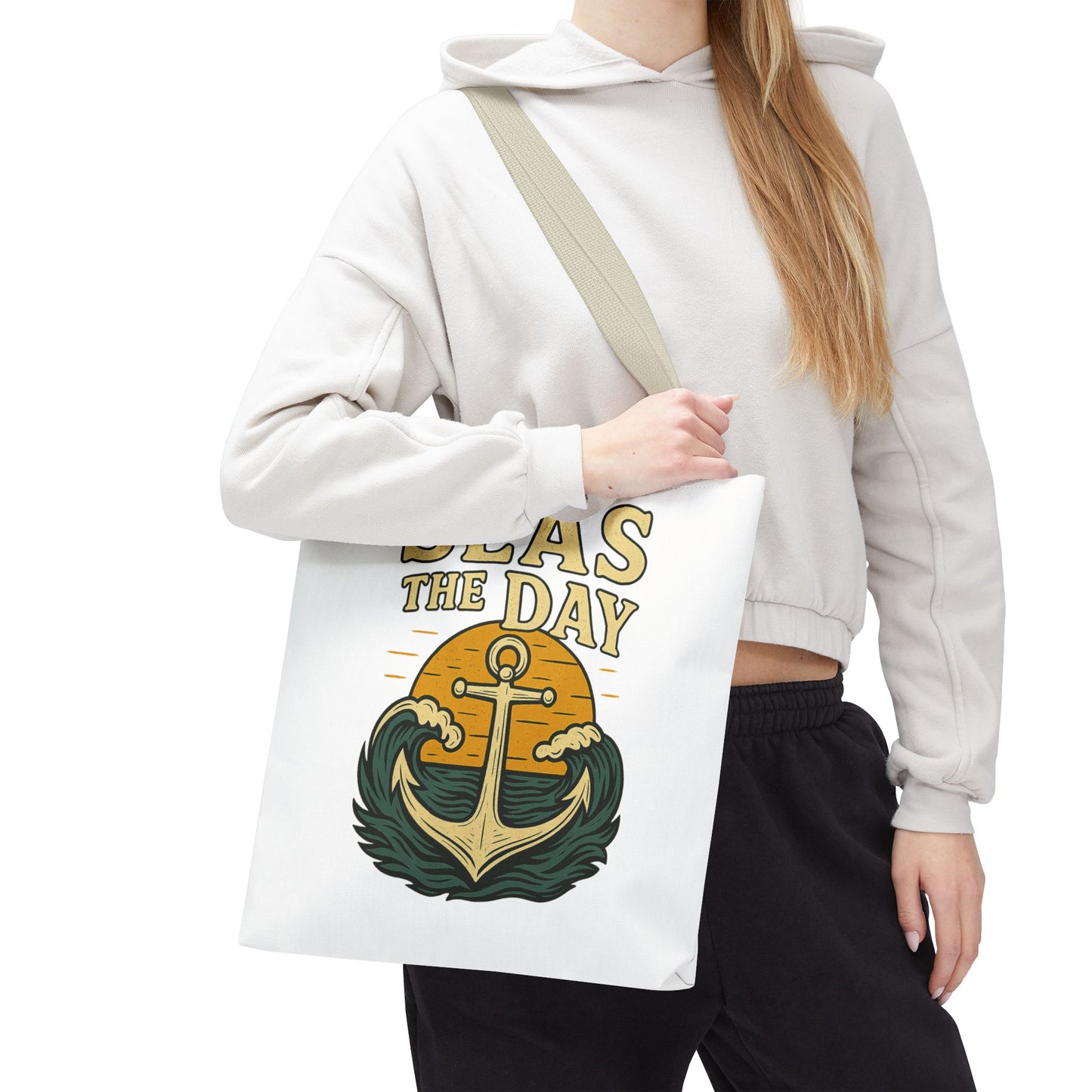 "Seas the Day" Nautical Tote Bag – Funny Beach Quote Canvas Bag with Anchor | Coastal Gift Idea for Summer, Travel, or Daily Use