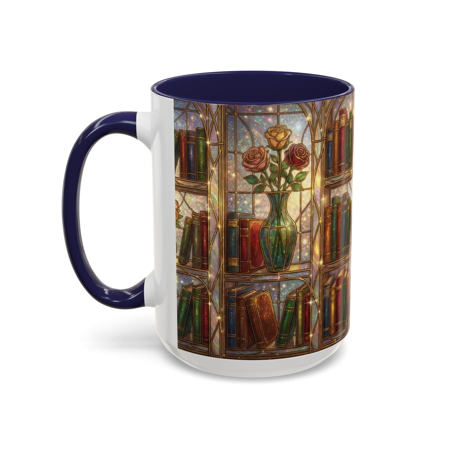 Stained Glass Books Mug, Book Lover Coffee Mug, Cozy Library Mug, Bookish Gift For Readers, Dark Academia Mug, Floral Bookshelf Cup