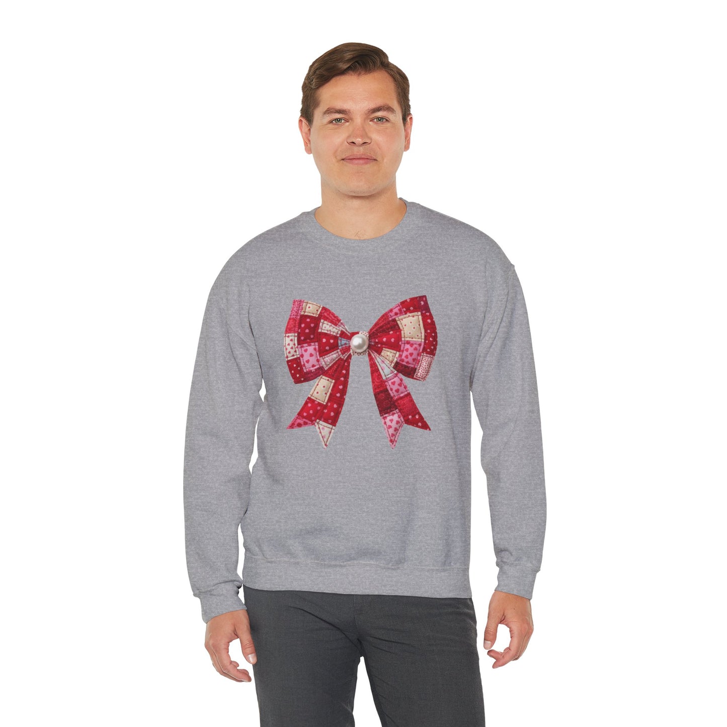 Faux Patchwork Bow Sweatshirt, Quilted Look Bow Crewneck, Pearl Center Bow Pullover, Cozy Coquette Sweatshirt, Girly Gift