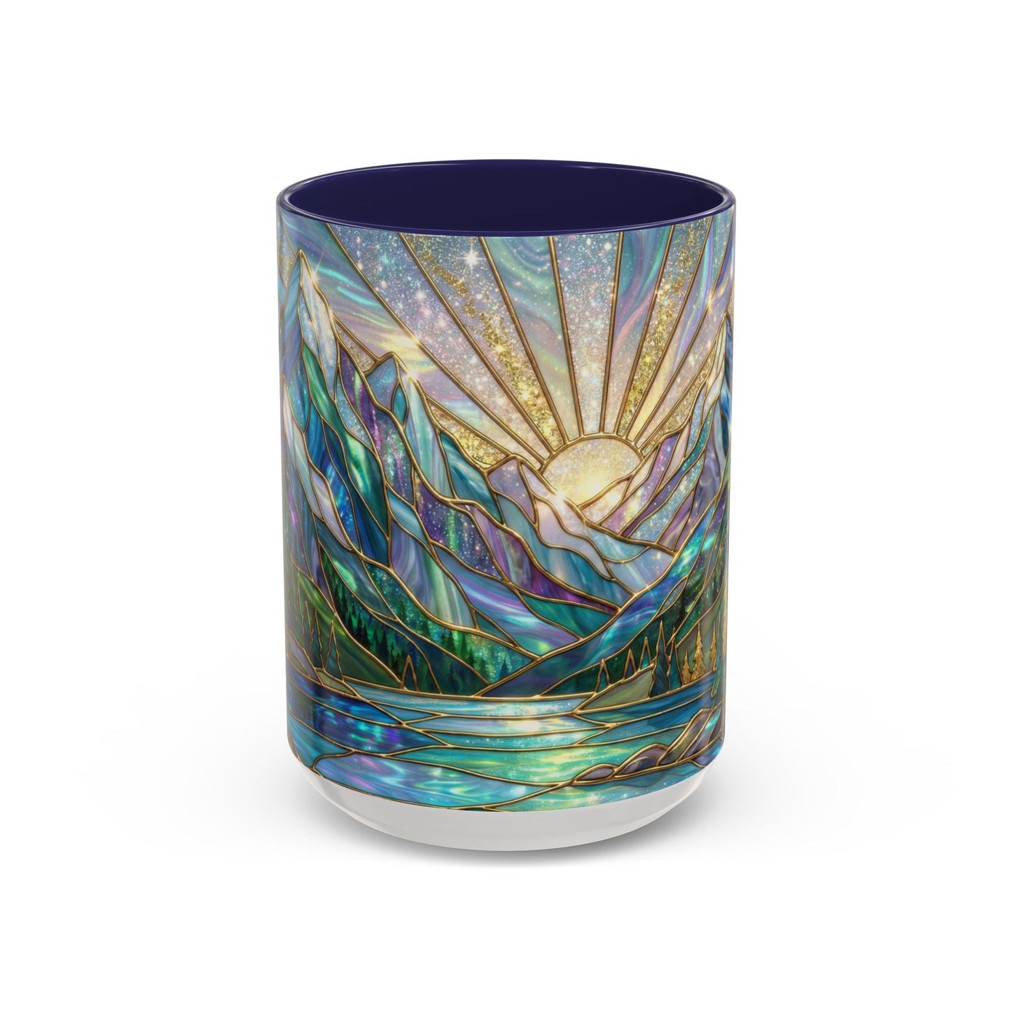 Stained Glass Mountain Mug, Mountain Landscape Coffee Cup, Galaxy Sky Nature Ceramic Mug, Sunrise River Forest Art, 11oz 15oz Gift