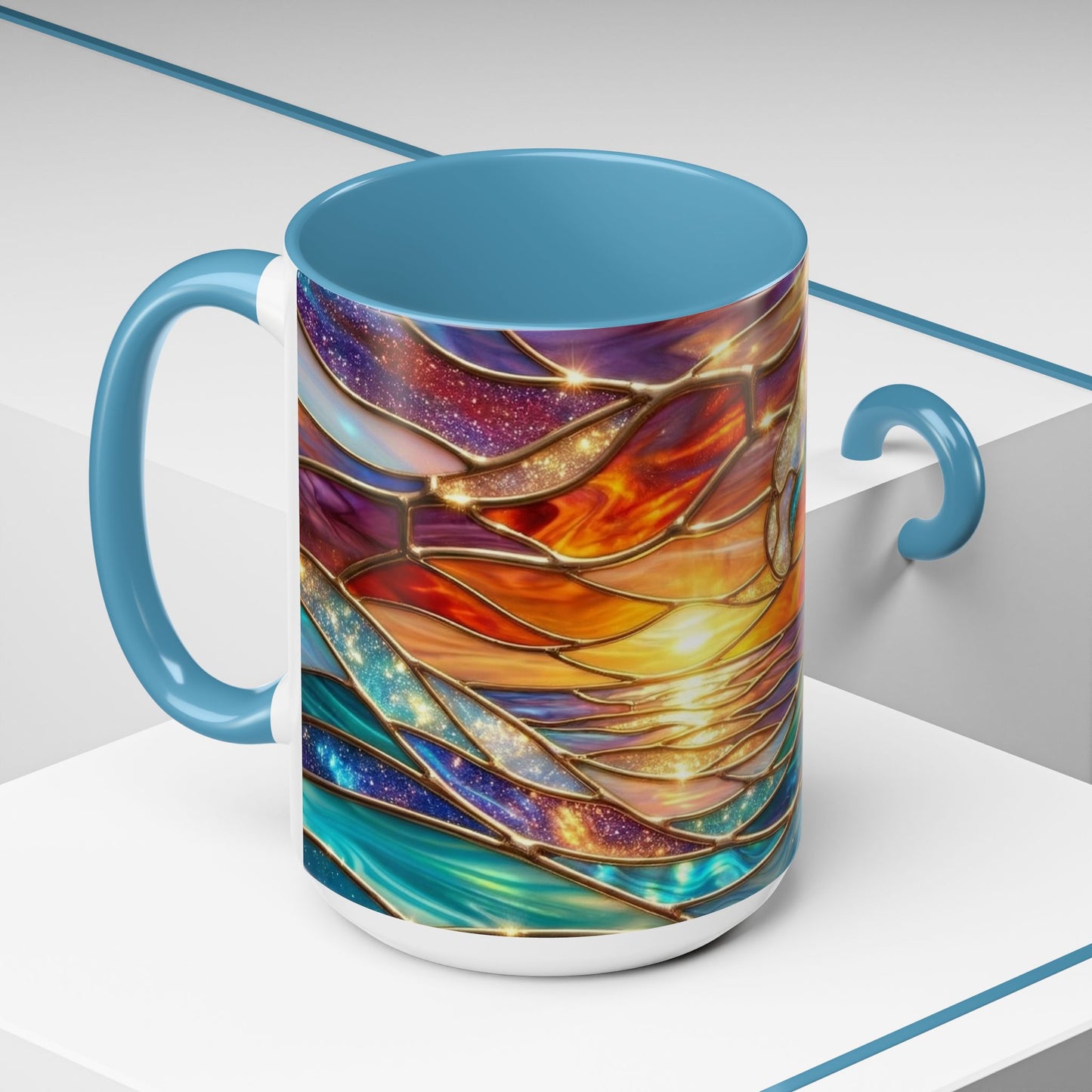 Stained Glass Wave Mug, Cosmic Ocean Coffee Cup, Celestial Sunrise Tea Mug, Surfer Beach Decor Gift, Starry Sea Art, Ocean Lover Cup
