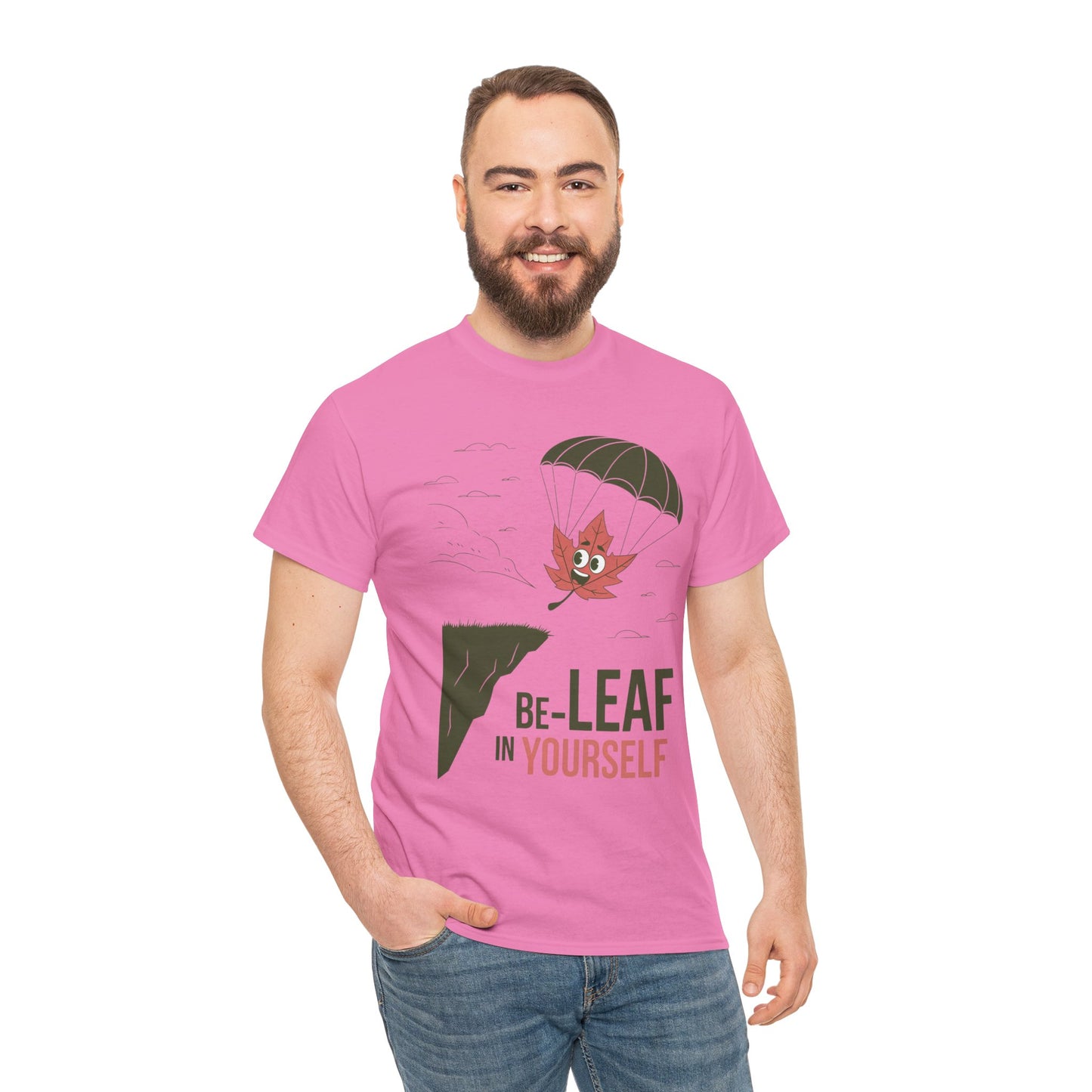 Be-Leaf In Yourself Maple Leaf Parachute T-Shirt | Funny Motivational Nature Graphic Tee | Self-Love Fall Autumn Shirt | Outdoorsy Gift