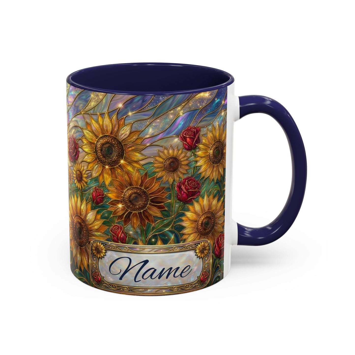 Personalized Stained Glass Sunflower Mug, Custom Red Rose Floral Coffee Cup, Celestial Night Sky Botanical Teacup, Gift For Flower Lover