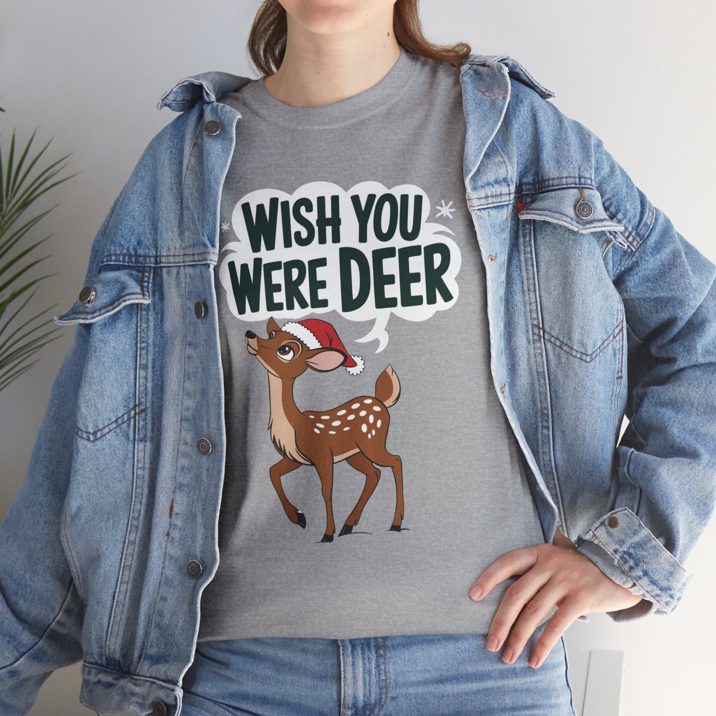 Wish You Were Deer Funny Christmas T-Shirt, Cute Reindeer Holiday Tee, Pun Christmas Shirt, Festive Santa Hat Deer Graphic Tee Gift