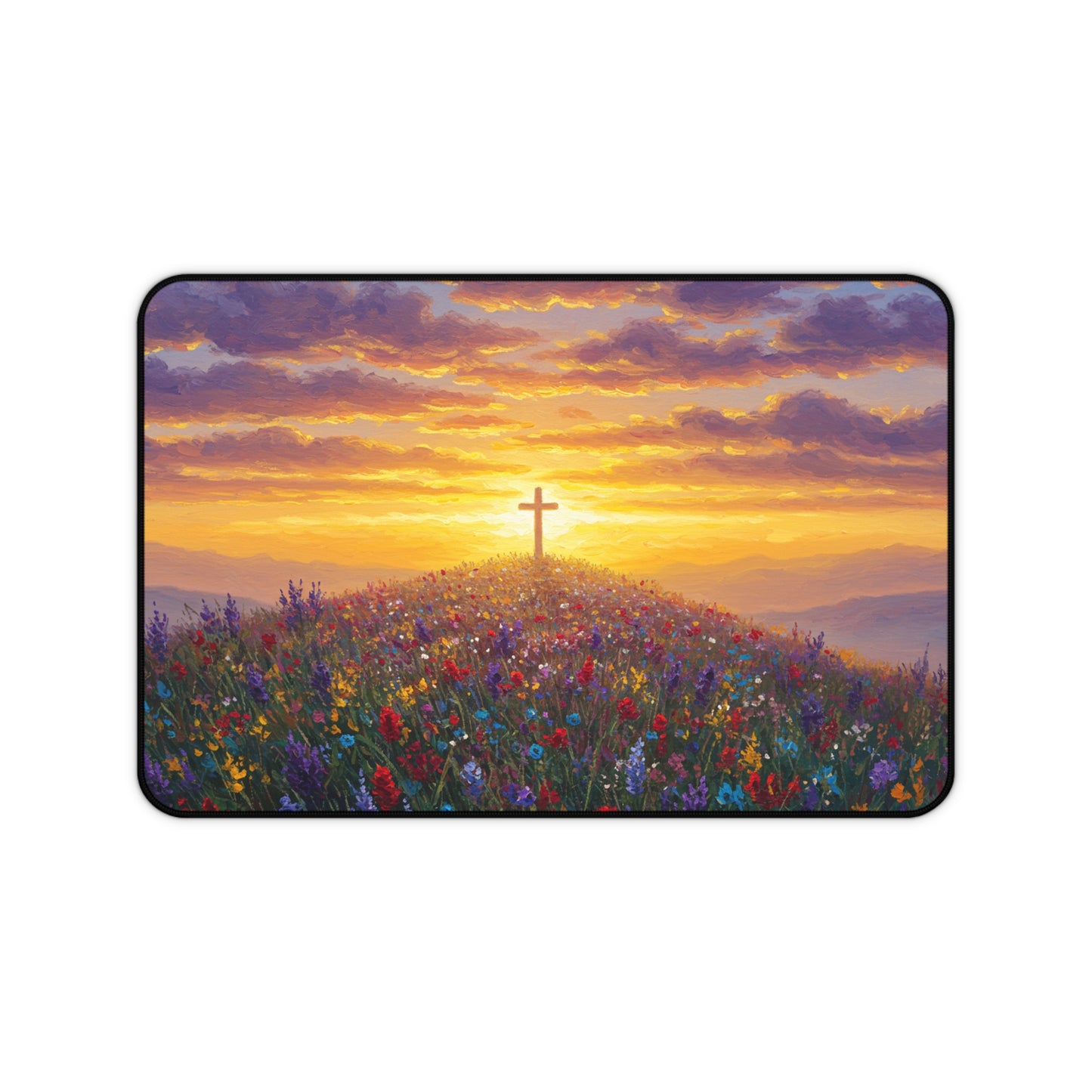 Desk Mat Mouse Pad - Cross on a Hill Monet Style Painting Christian Accessory Spiritual Mouse Pad Religious Desk Mat