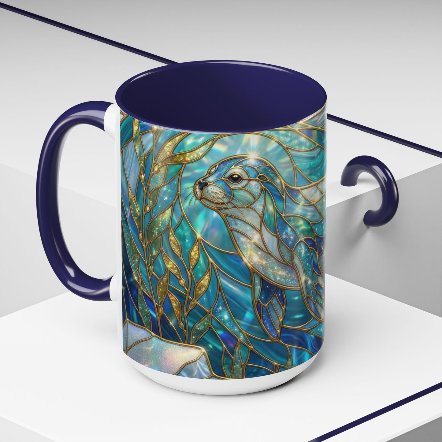 Seal Coffee Mug, Stained Glass Seal Mug, Cute Marine Animal Art Mug, Ocean Lover Gift, Unique Ceramic Coffee Cup, 11oz 15oz Coastal Mug