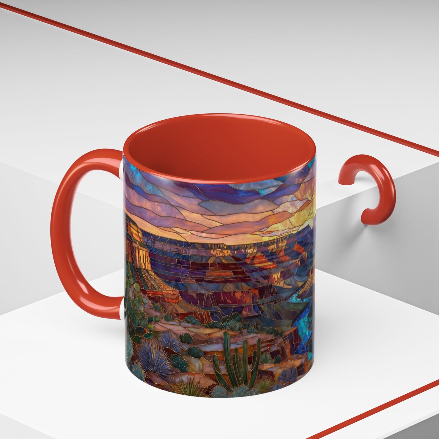 Stained Glass Grand Canyon Mug, Southwest Landscape Coffee Cup, Sunset Canyon Art Mug, Nature Gift For Hikers, Colorful Scenic Grand Canyon Illustration