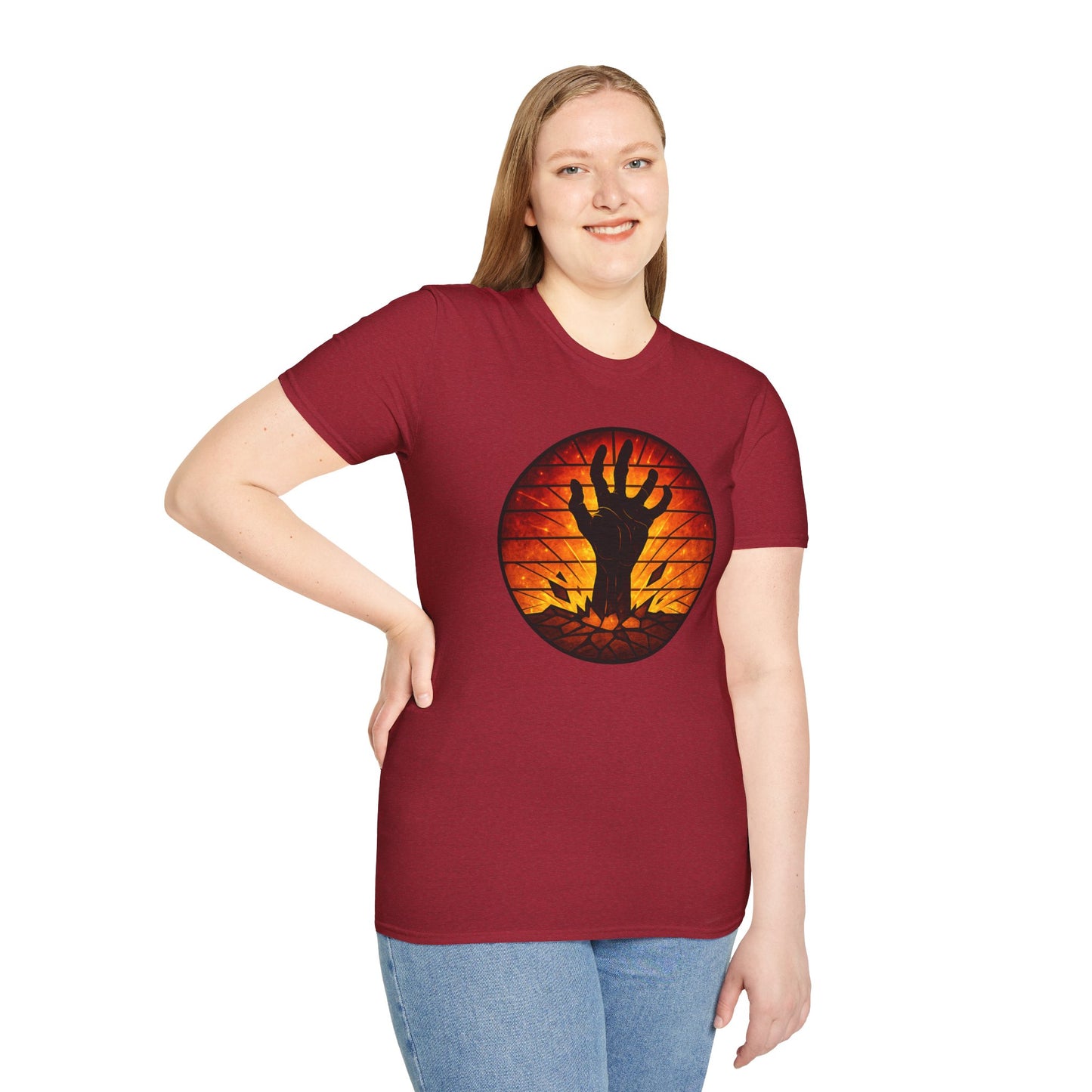 Zombie Hand Sunset T-Shirt – Stained Glass Horror Shirt, Halloween Gothic Tee, Undead Rising Art Tee, Creepy Spooky Shirt for Fall