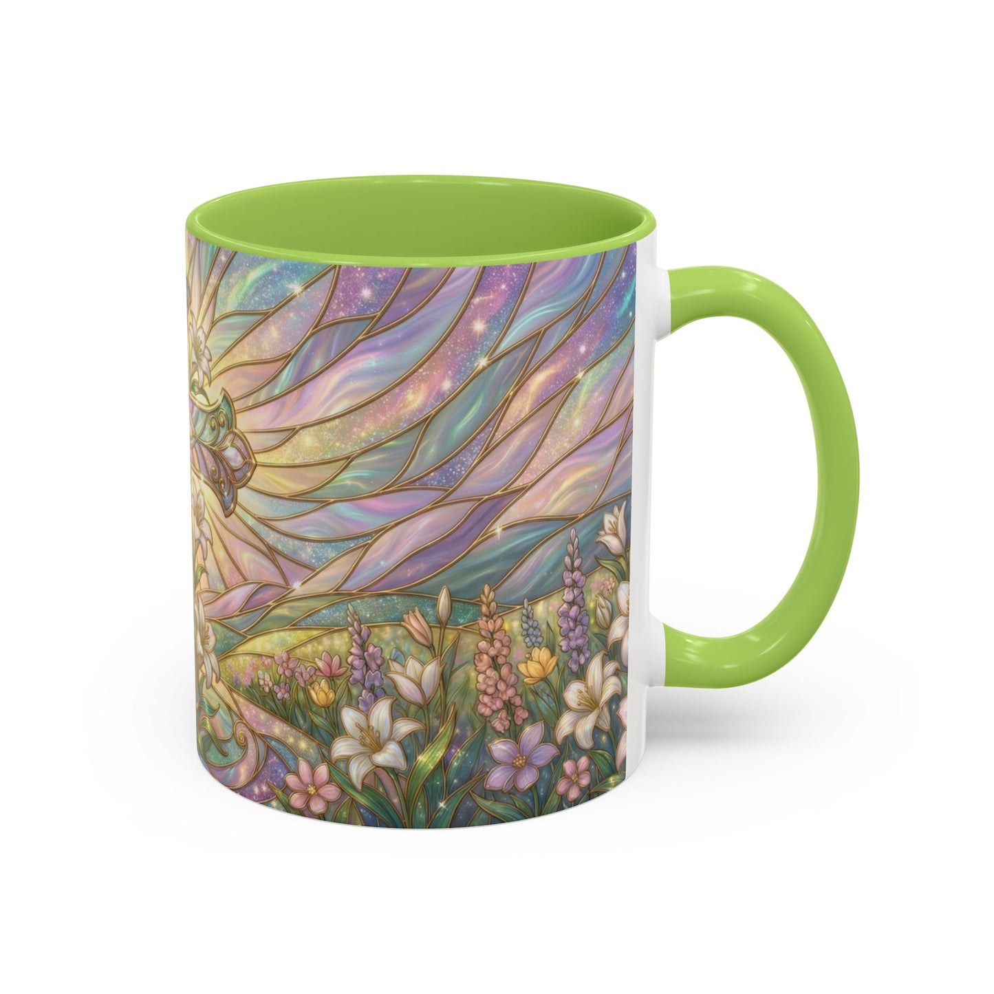 Stained Glass Cross Mug, Easter Lily Coffee Cup, Christian Religious Gift, Pastel Floral Faith Mug, Spring Believer Cup, Baptism Present