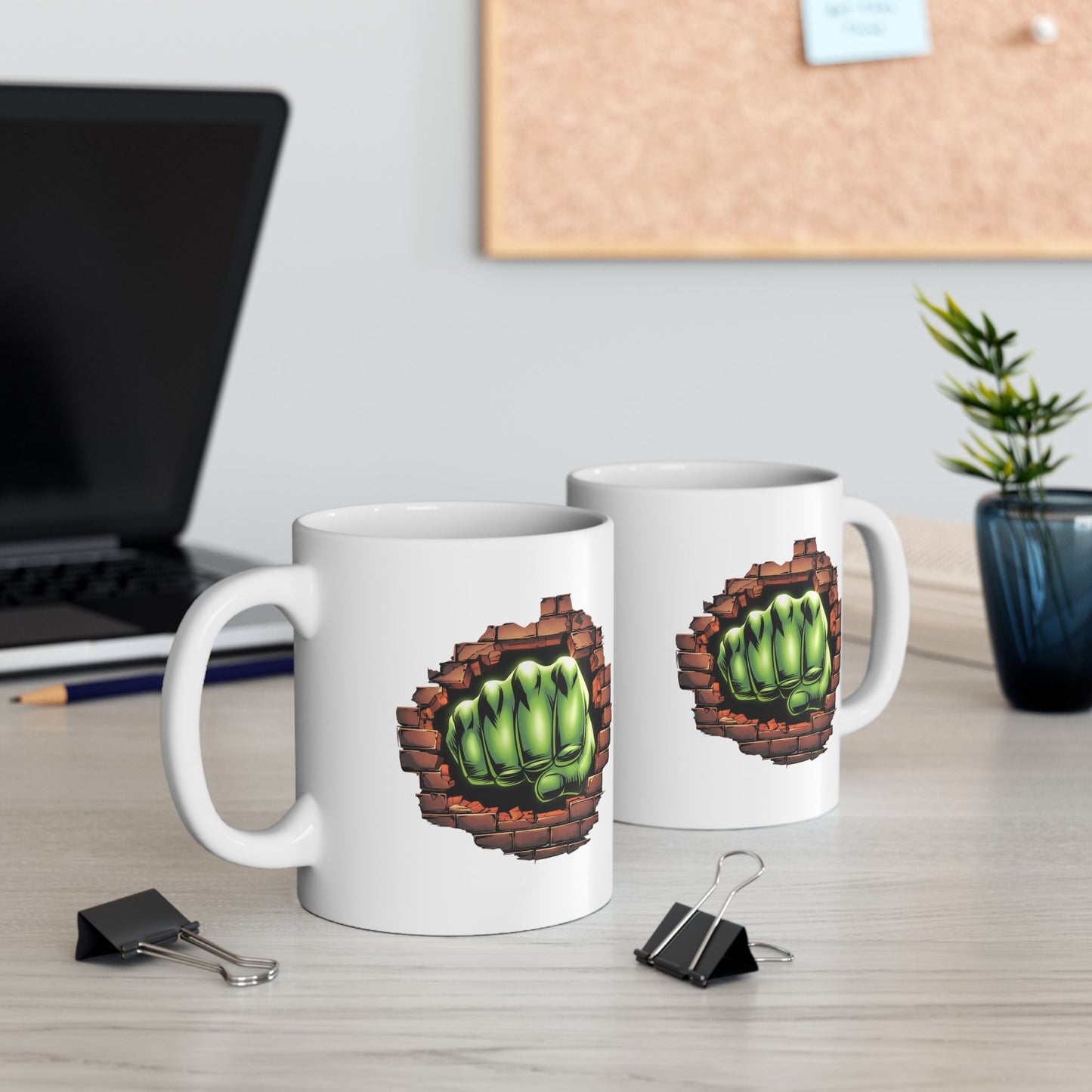 Smash Fist Mug – Green Fist Punching Through Wall Coffee Cup, Superhero Inspired Design, Dishwasher Safe, Funny Gift for Fans & Coffee Lovers